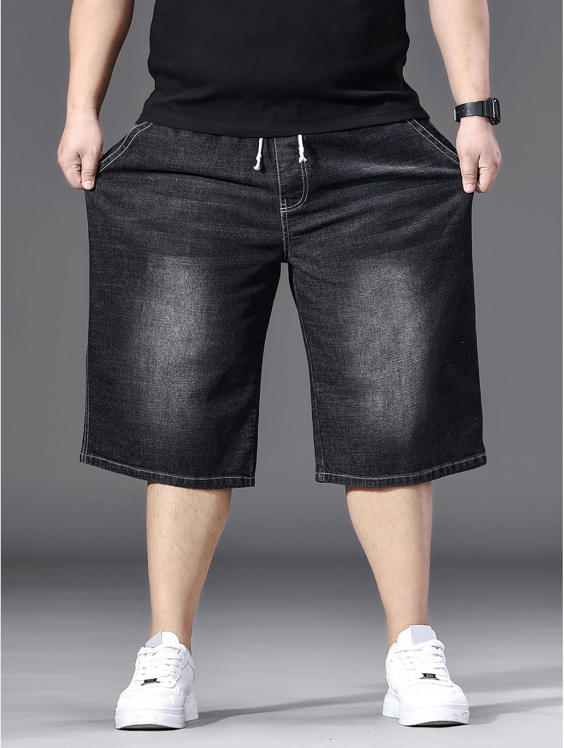 Men's Big and Tall Jean Shorts Elastic Waisted Baggy Jorts Drawstring Plus Size Relaxed Fit Denim Shorts 2XL-6XL
