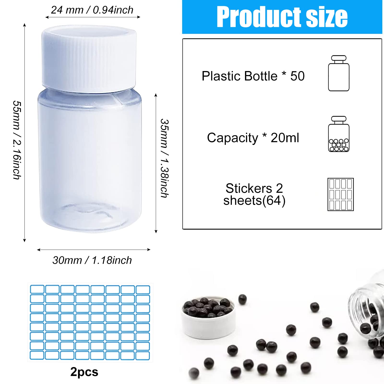 Botella Plastico Transparente 20ml con Tapón de Rosca para Cosméticos, Viajes, Champú, Loción