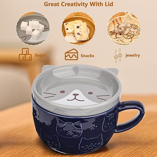 Miniatura 3 de Bonita taza de café de cerámica con tapa, tazas de café Kawaii o tazas de té para los amantes de los gatos, divertidas tazas de desayuno para