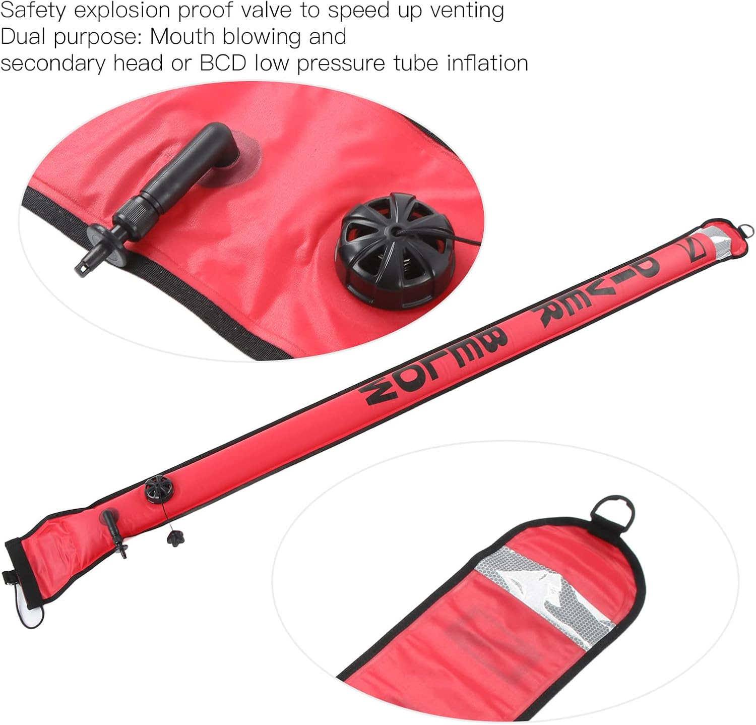 Scuba Diving Surface Marker Buoy, 180x15cm, Inflatable, Orange Red - High Visibility, Explosion Proof Valve, Ideal for Diving Safety and Spearfishing