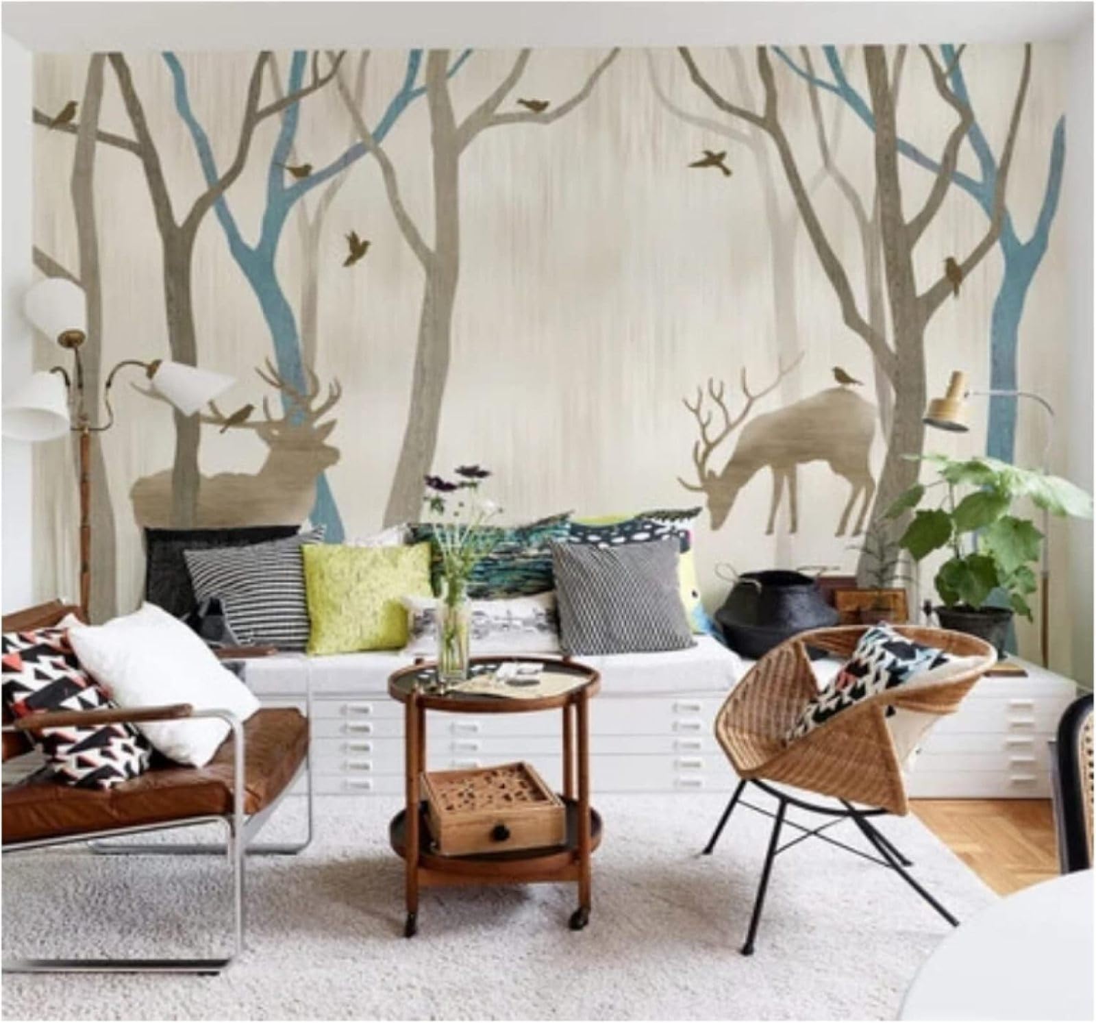 XLMING Vintage Hand Drawn Forest Reindeer Birds 3D Wallpaper Luxury Home Dining Decor Paste Sofa Living Room The Wall for Bedroom Mural-150cm×105cm
