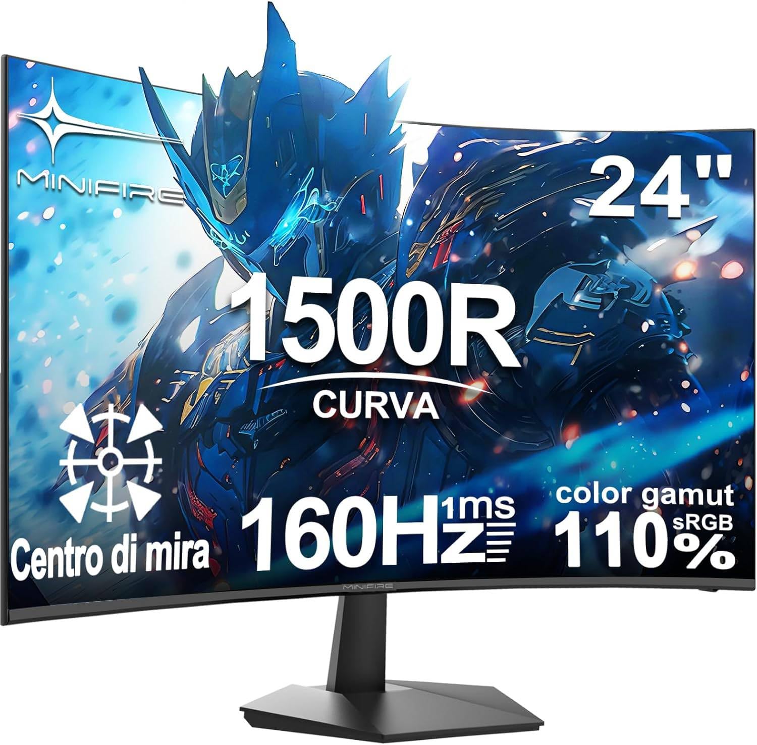 Minifire Curved Gaming Monitor 24 Pollici, 160Hz, 1500R, 1Ms, sRGB110%, FHD 1080P, compatibile con VESA, protezione occhi Adaptive Sync, porte HDMI＆DP (MFG24C1L, cavo HDMI incluso)