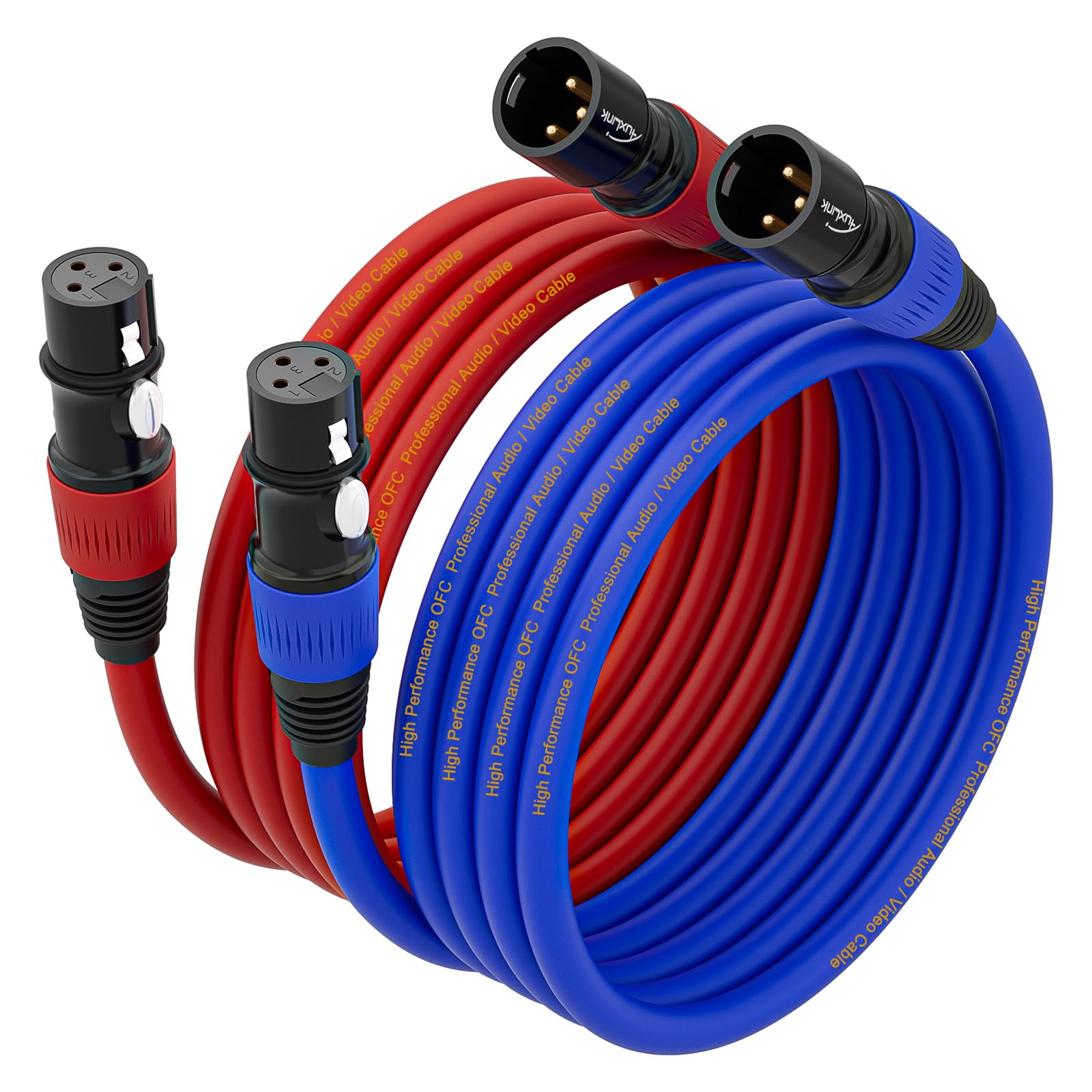 XLR-Kabel, XLR-Stecker auf Buchse, 3 m, vergoldetes 3-poliges Mikrofonkabel, farbcodiertes Kabel, 2 Stück