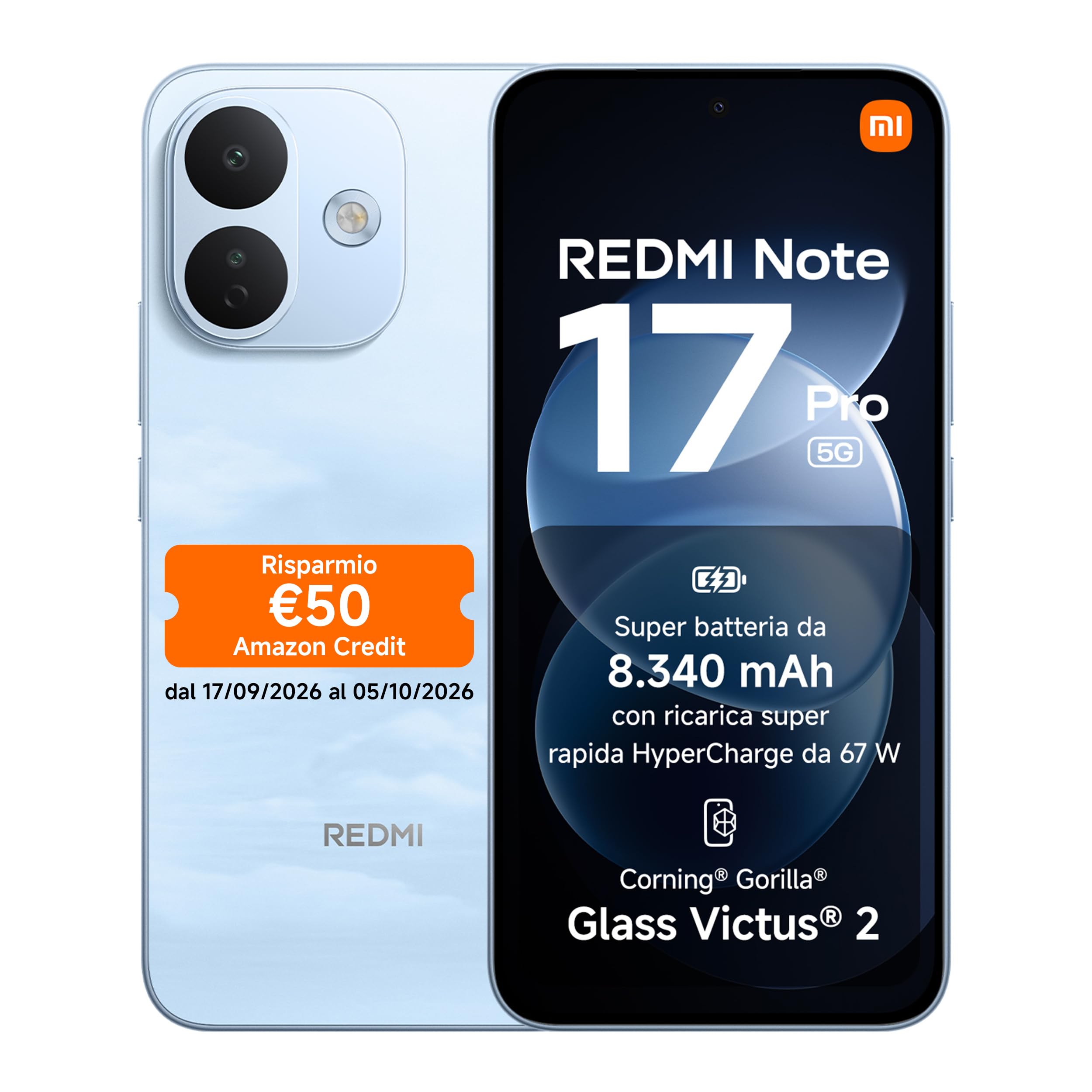 REDMI Note 17 Pro 5G, Smartphone 8+512GB, Sky Blue, Batteria da 8340 mAh | Fotocamera OIS 50MP, HyperCharge 67W, Snapdragon®6s Gen4, Display Flagship Alta Luminosità 3500nit, Protezione Occhi, HyperAI