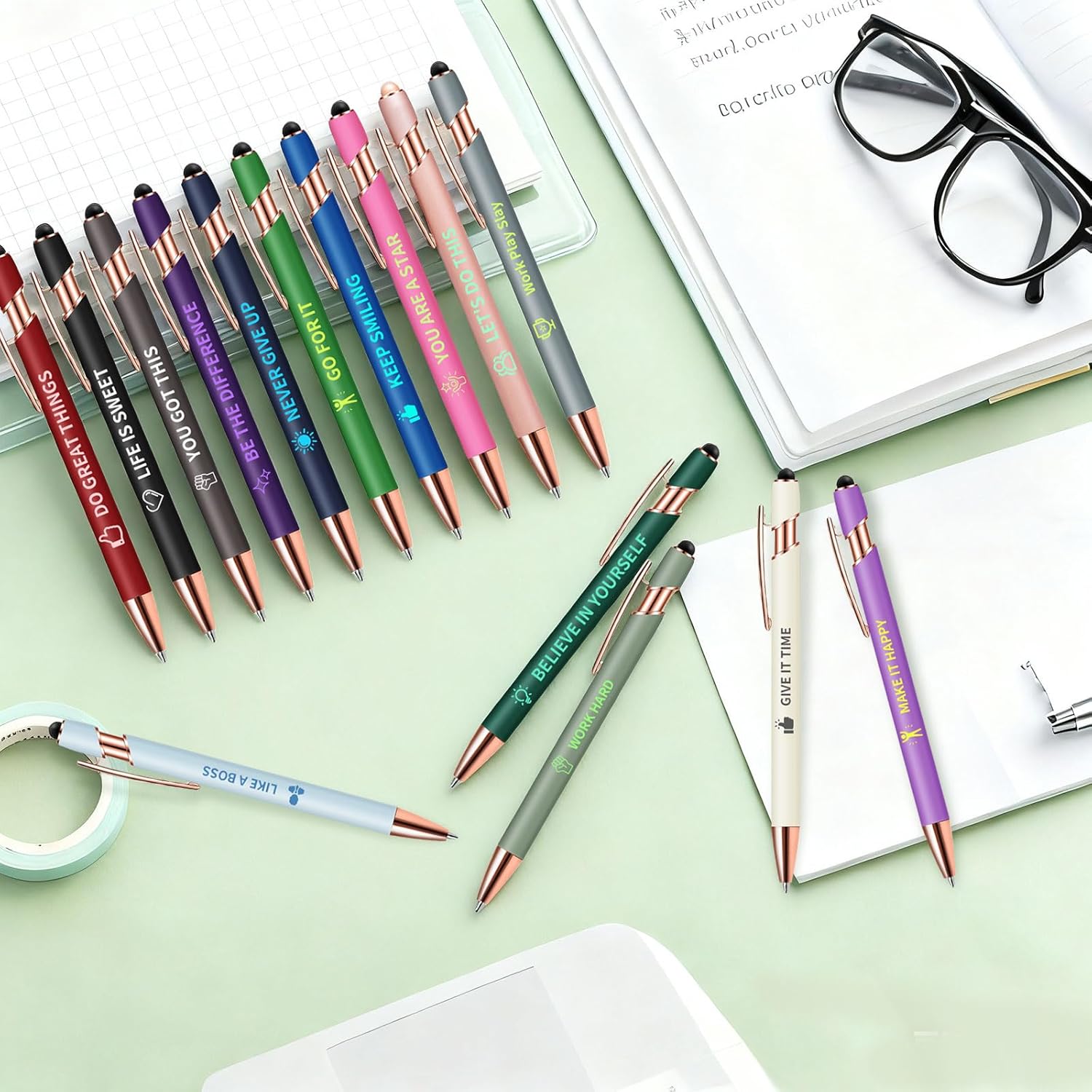 24 Pcs Inspirational Pens Bulk, Funny Motivational Ballpoint Pen with Screens Touch Stylus Tip, Motivational Gifts for Christmas School Office Supplies, Black Ink (12 Colors, Positive) - Image 8