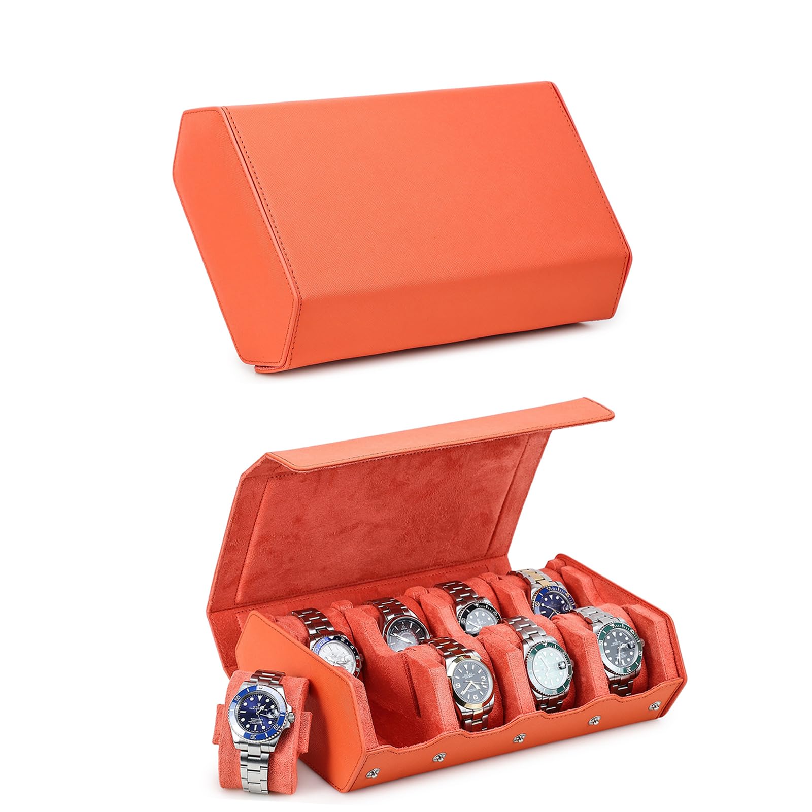 NFBCXUTKW Hiram Hexagon Watch box Genuine Saffiano Leather Watch Case for 8 Watches, Leather 8-Slot Watches Protective Storage Case Watch Display Organizer for Men (Orange)