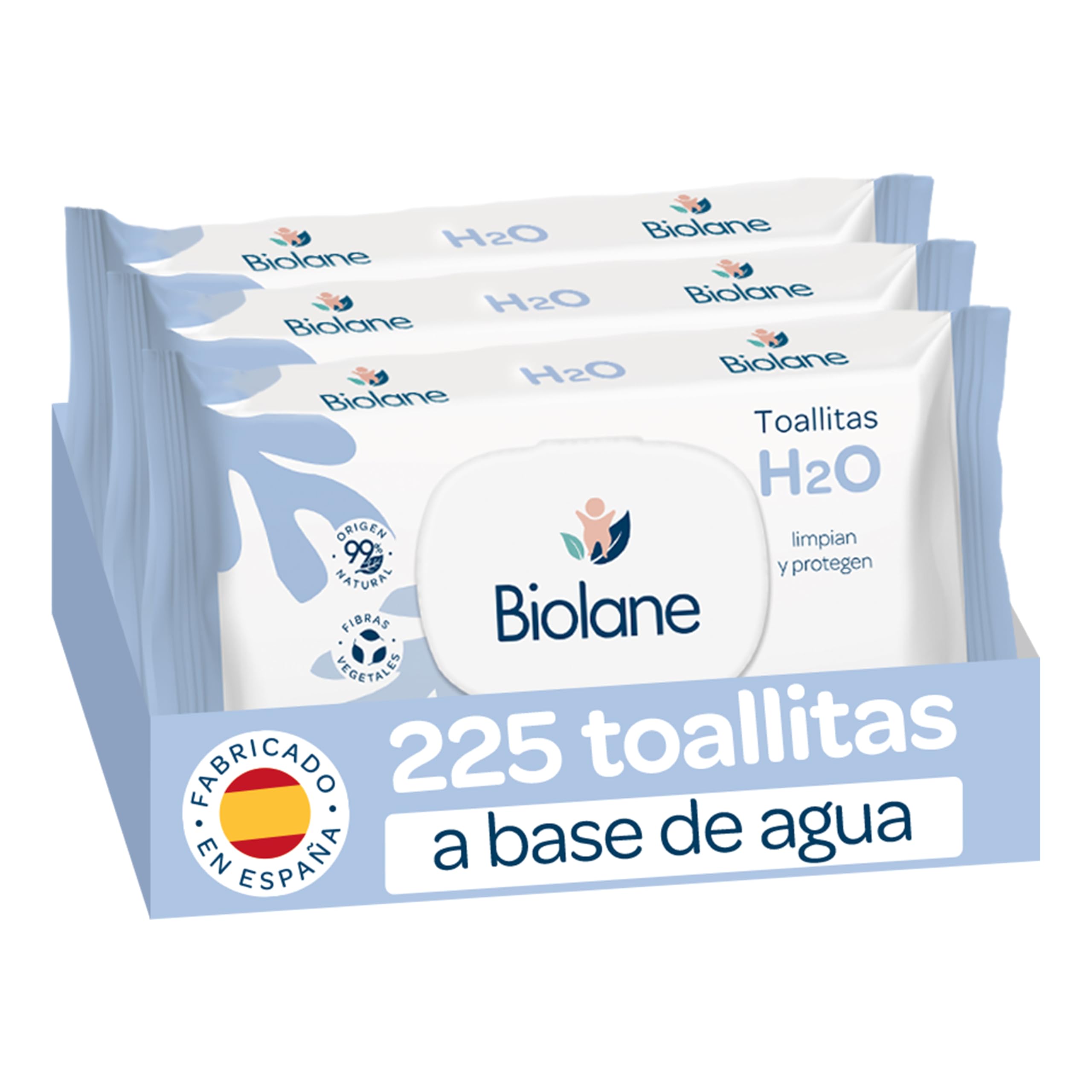 Biolane H2O Baby Wipes, 225 Wipes (3 Packs of 75 Units), 99% Natural Ingredients, 100% Vegetable Fibers, From Birth, Sensitive Skin, Made in Spain, Physiological pH