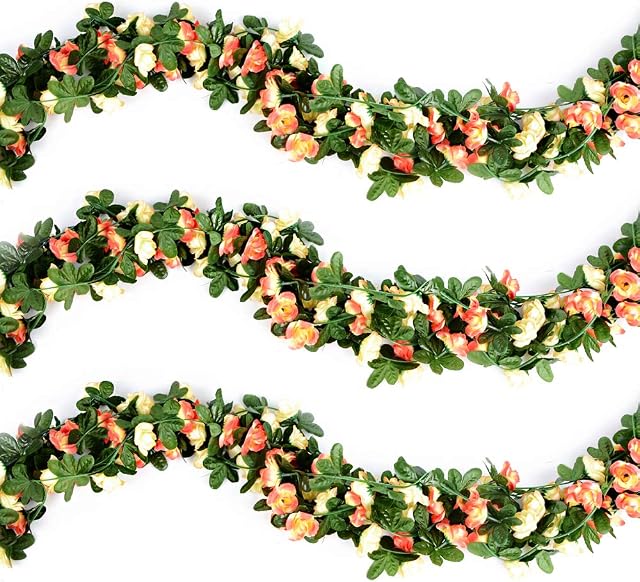 VINFUTUR 5 Pack Artificial Rose Vine Garland 44ft Double Colors Fake Roses Flower Hanging Garlands Arch for Garden Home Party Decoration (Champagne)