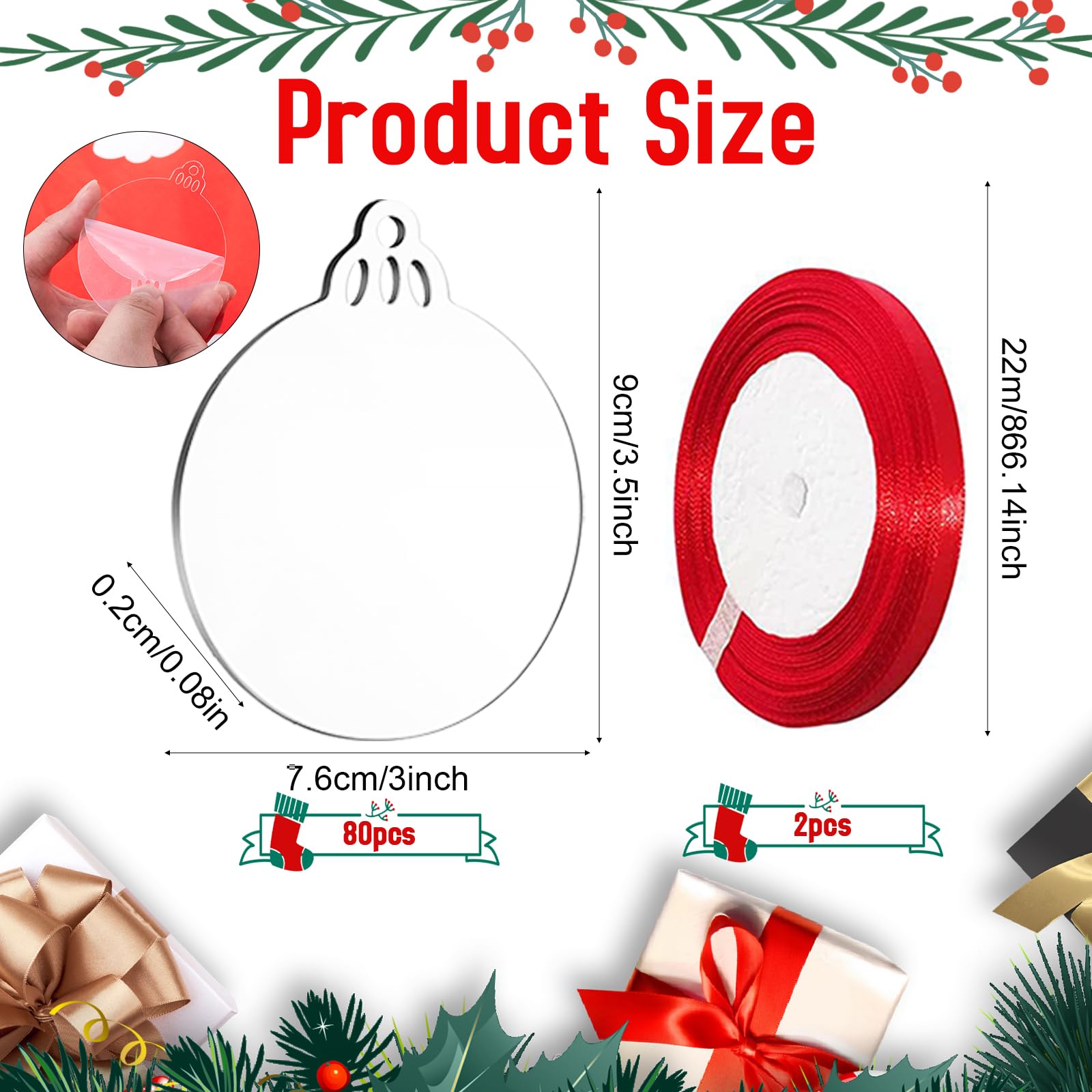 DARENYI 80Pcs Christmas Clear Baubles 7.6cm Acrylic Baubles Blanks for Xmas Christmas Decorations with Ribbon - Image 2