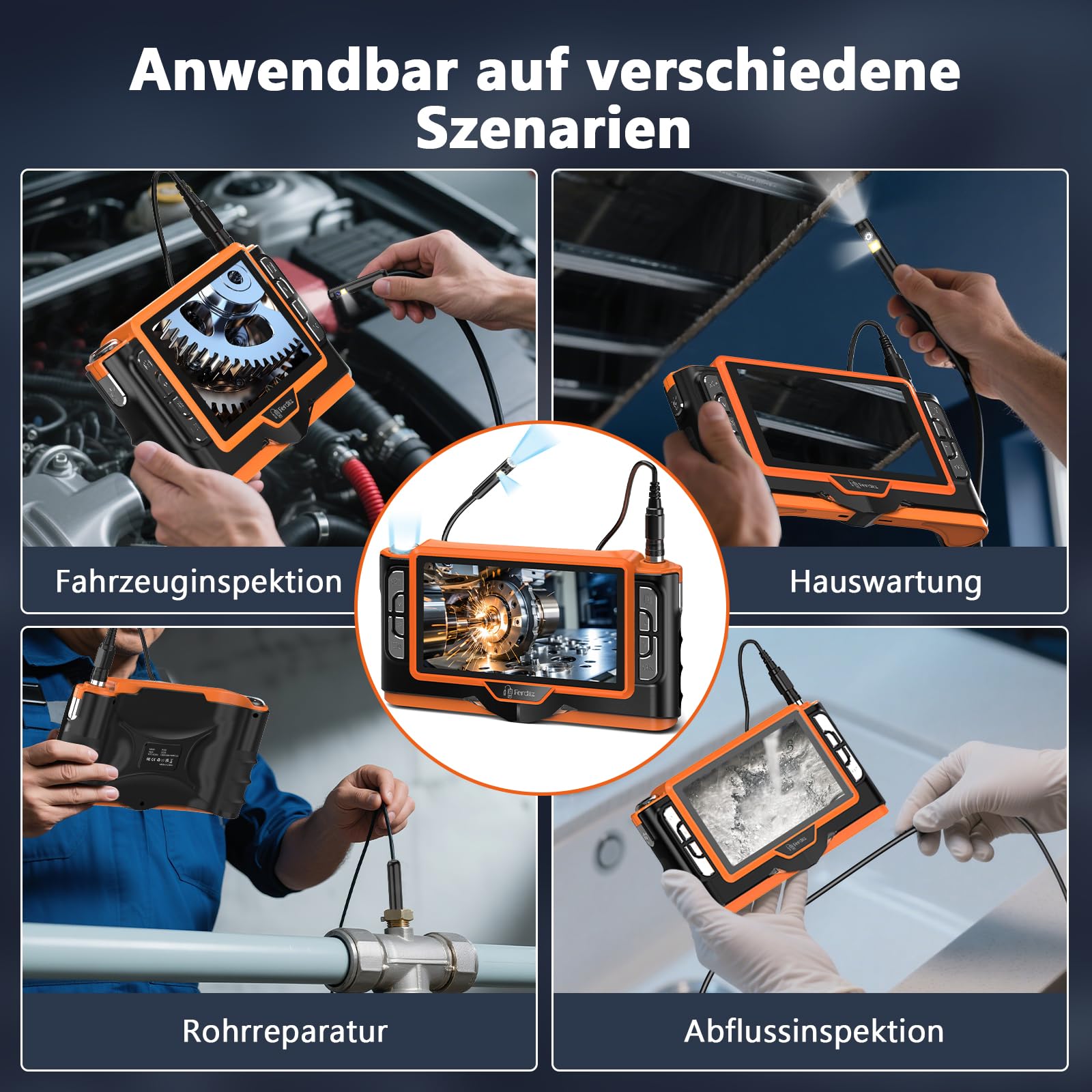 7" IPS Endoskopkamera mit Licht, 1920P HD Doppellinse - IP68 wasserdichte Inspektionskamera, 8+1 LED Rohrkamera, Halbstarres Kabel mit Taschenlampe, Auto, Rohre & Haus, Plug & Play - 5m/16ft