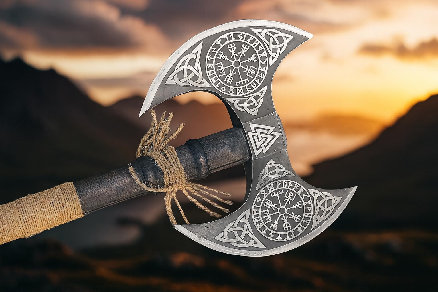 NovaHaven Hacha vikinga de doble cabeza – Hacha forjada a mano de acero al carbono con mango de madera de fresno, envoltura de cuero y vaina de cuero, ideal para coleccionistas, al aire libre y como