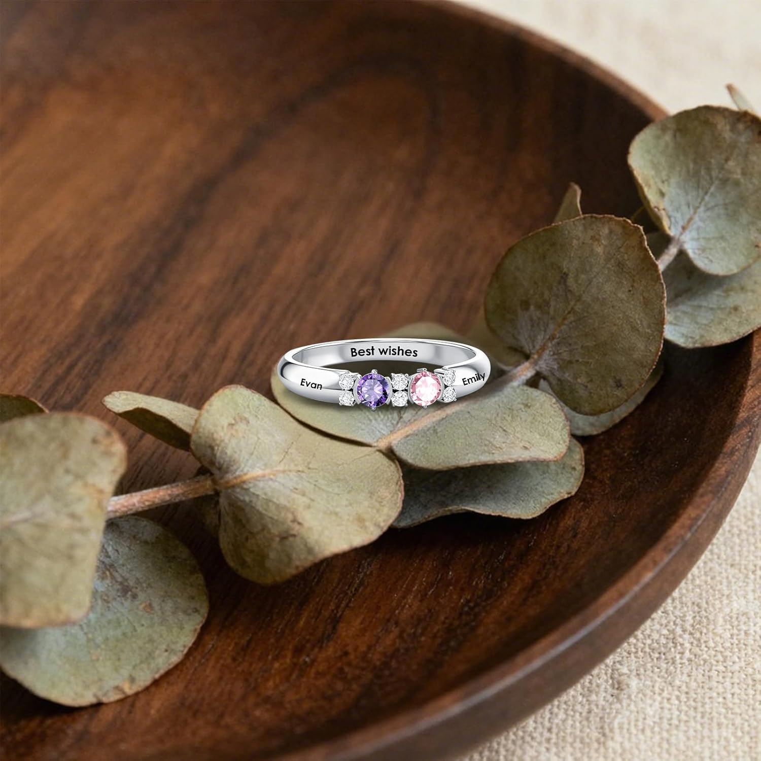 ROMANTICWORK Personalized Birthstone Ring 925 Sterling Silver Based Ring Custom Name Gift for Women Mother's Day Birthday Christmas Valentine's Day