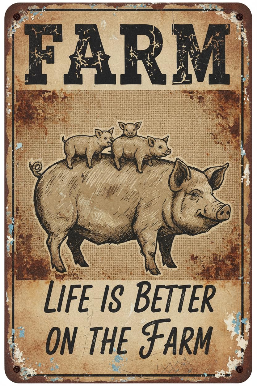 Vintage Pig Tin Sign Farm Life is Better on the Farm Retro Pet Lovers Metal Poster Funny Wall Art Cafe Toilet Garden Plaque Outdoor Farmhouse Decor Coop 12 * 8inch