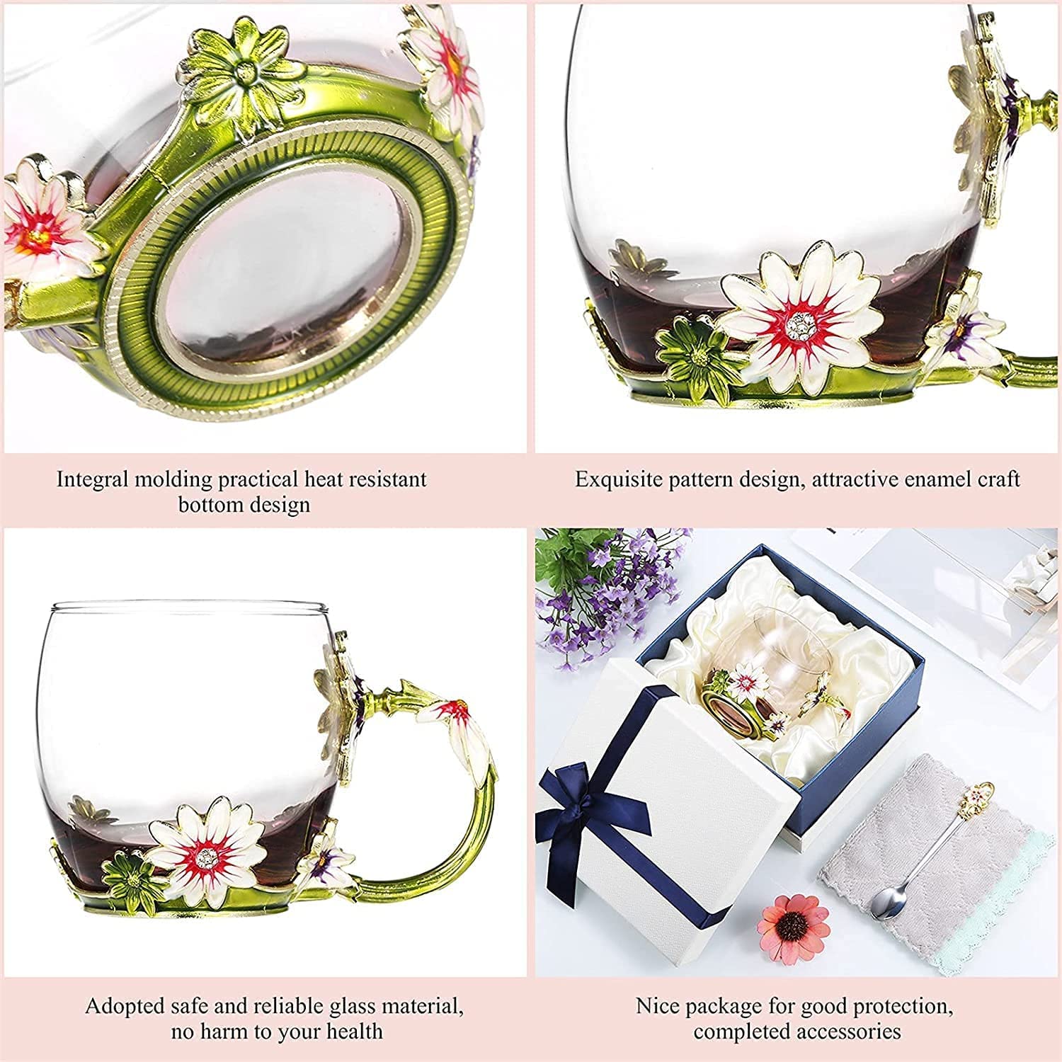Kaffeetassen aus Glas mit Blumenmotiv, Emaille-Glasbecher, Emaille-Blumen-Teeglas, Kaffeetasse, Glasbecher, kreative Emaille-Kristall-Teetasse, Kaffeetasse, Schmetterling, Rose, bemalte Blume, Wasser