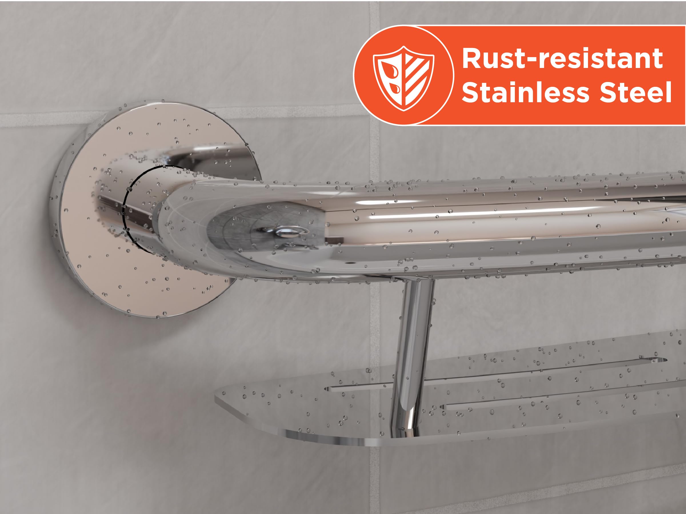 HEALTHCRAFT Plus - Estante para champú y barra de agarre de 24 pulgadas, seguridad ADA - cromo pulido | Estante de champú integrado, tornillos ocultos, no necesita estante separado