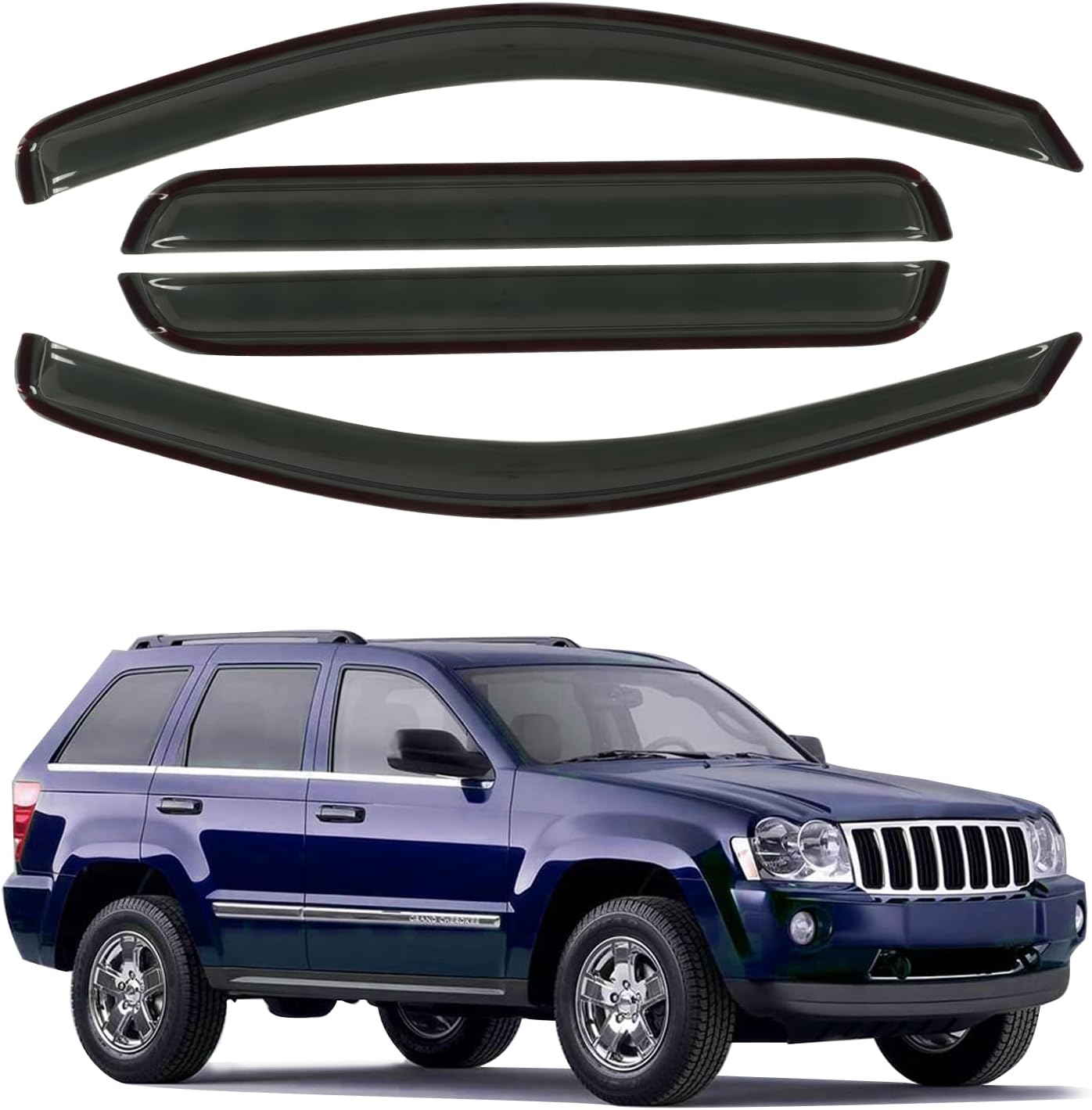 Rain Guard Fit for 2005-2010 Jeep Grand Cherokee, Outside Mount Side Window Visor Deflector, Dark Smoke Vent Shade Shield, 2005 2006 2007 2008 2009 2010, 4pcs For 05-10 Grand Cherokee