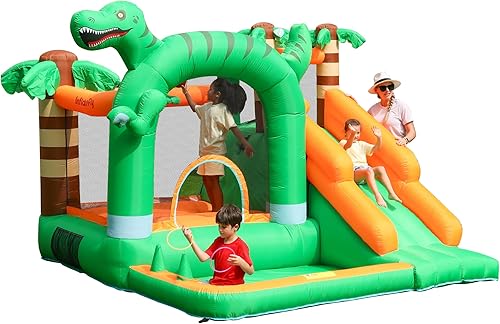 Bounce House - Castillo hinchable para niños con piscina de pelotas con temática de dinosaurio con soplador de aire de tobogán largo para patio