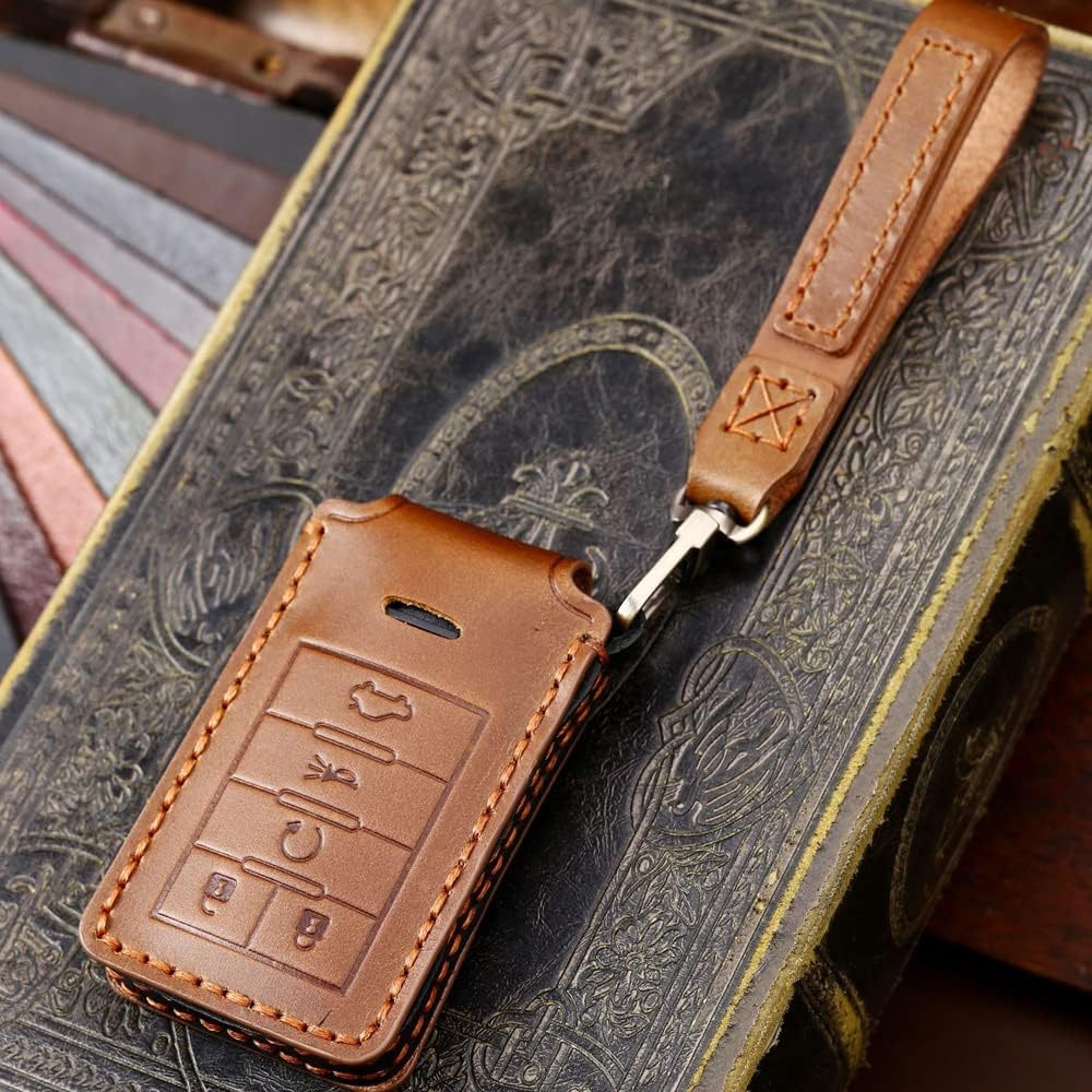 SANRILY Brown Leather Key Fob Cover for Cadillac CT4 CT5 DTS STS CTS SRX Escalade XTS ATS-5 Buttons Smart Key Keyless Key Case Shell