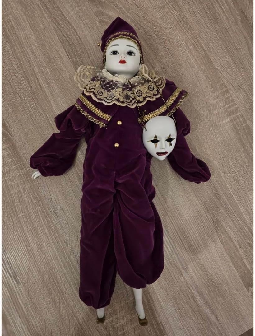 ビスクドール 仮面 道化師ピエロ 人形 インテリア 置物 箱付き 籐の