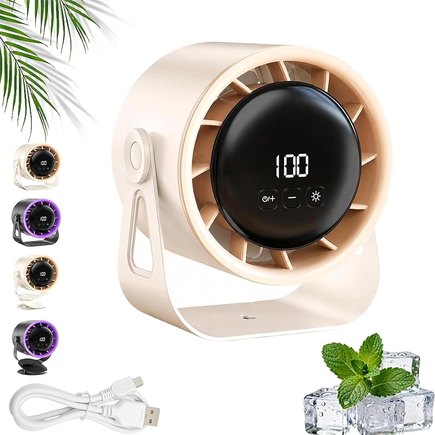 100-Speed High Velocity Hanging Circulating Fan, Base Type Portable Hanging Desk Fan, Multi-speed Desktop Fan with LED Light, USB-C Rechargeable Portable Mini Fan (White - A)