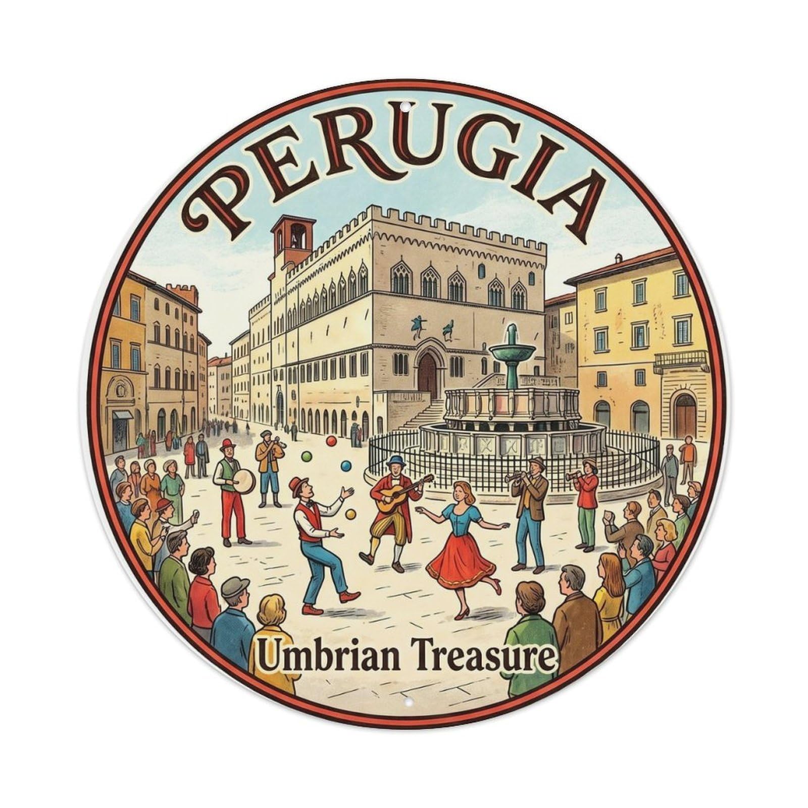 Square Perugia City Sightseeing Classic Destination Heritage Metal Tin Sign Plaque Wall Decor for Cafe, Man Cave, Club Bar, Office, Home Garden Round Metal Poster 8x8Inch