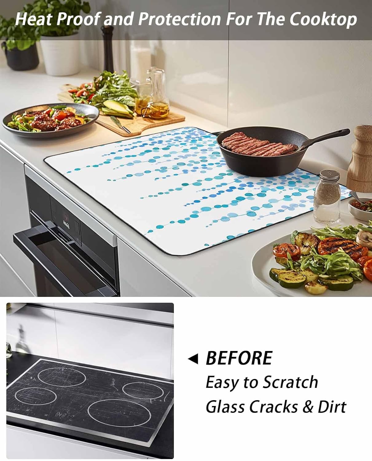 Stove Top Cover Teal Blue Polka Dots Vines Stove Cover for Electric Stove Top Lines Art Glass Cooktop Covers Anti-Slip Mat Heat Resistant Countertop Protector Kitchen Decor 28.5"x20.5"