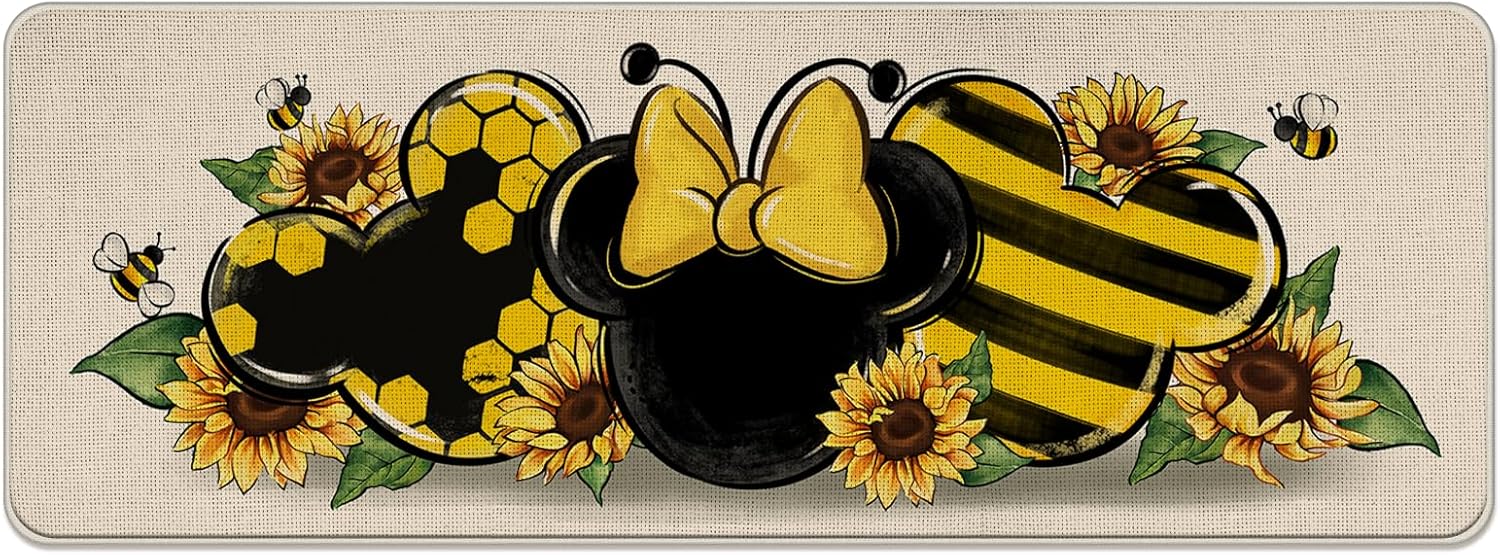 Spring Summer Kitchen Rugs, Sunflower Bee Polka Dot Stripes Love Heart Kitchen Mats Decor, Fall Autumn Seasonal Floor Door Mat Home Decorations - 17x47 Inch Sunflower Mouse