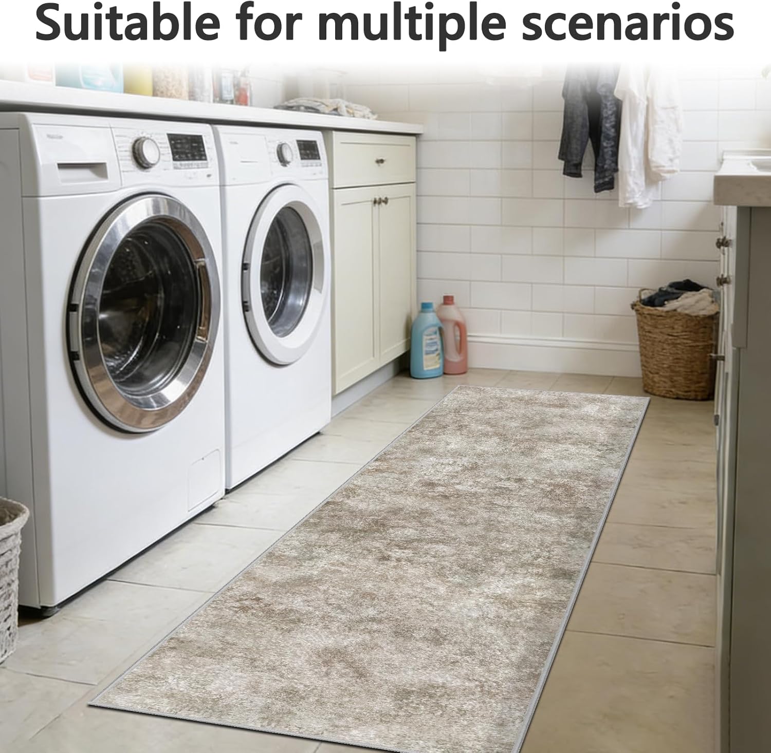Runner Rug Non-Slip Washable Hallway Runner Rug Faux Wool Low Pile with Rubber Backing Carpet Runner for Entryway, Hallway, Kitchen, and Corridor. (Beige, 2x6 ft)