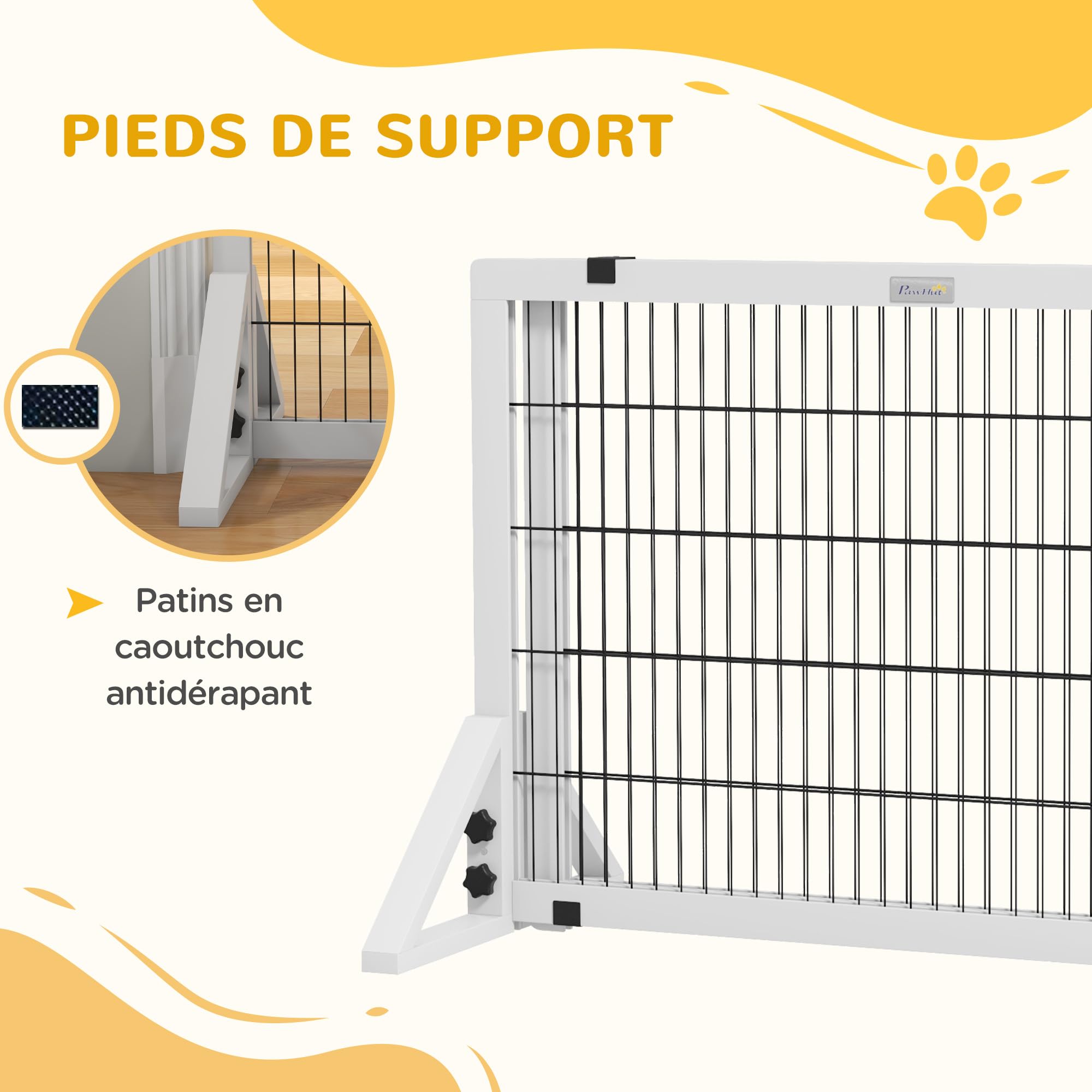 PawHut - Barrera de Seguridad para Perros (2 Paneles, Ancho Ajustable, 101-181 x 44 x 67 cm, Barrera para escaleras, Puertas, pasillos, Madera de Pino y Acero, Color Blanco | Barrera de protección, anchura ajustable, para escalera puerta pasillos, madera