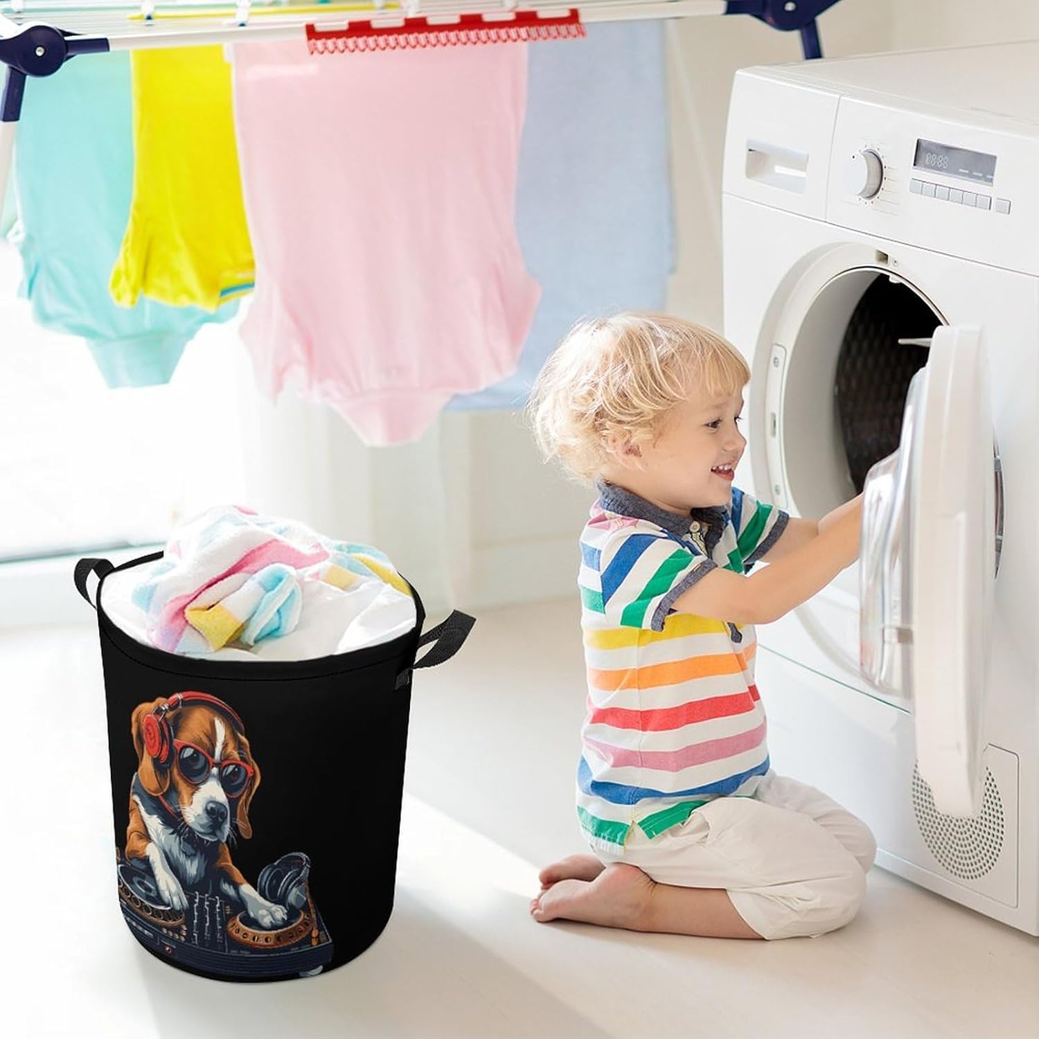 DJ Beagle Dog Novelty Collapsible Laundry Baskets Waterproof Clothes Hamper Storage Bins with Handles 13.8"x13.8"x17.3" 17.3"x17.3"x17.3"