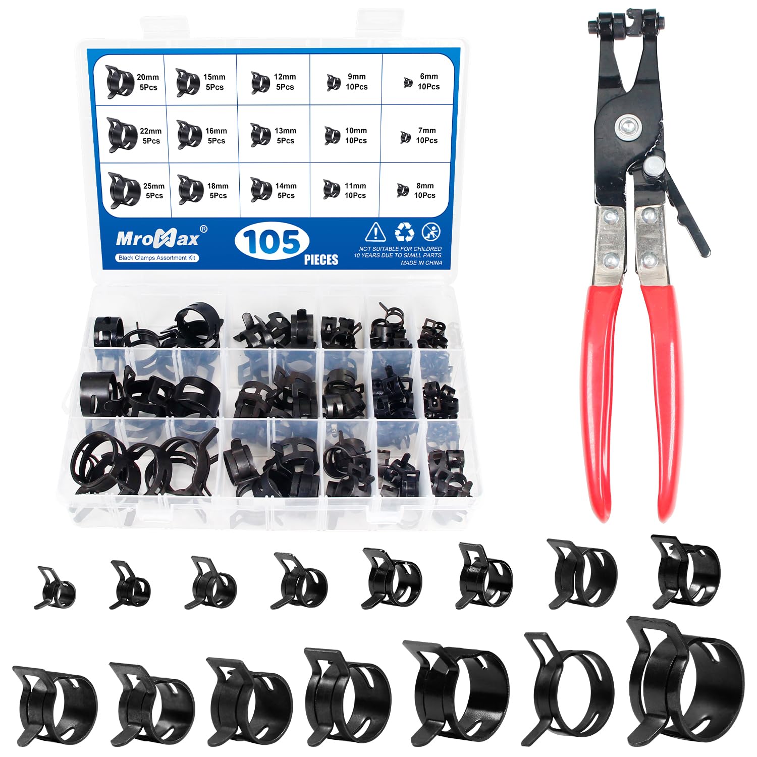 105Pcs 6-25mm Spring Band Hose Clamp Assortment Kit with Hose Clamp Pliers, 15 Sizes Spring Hose Clip Fuel Line Silicone Vacuum Hose Pipe Clamp, Air