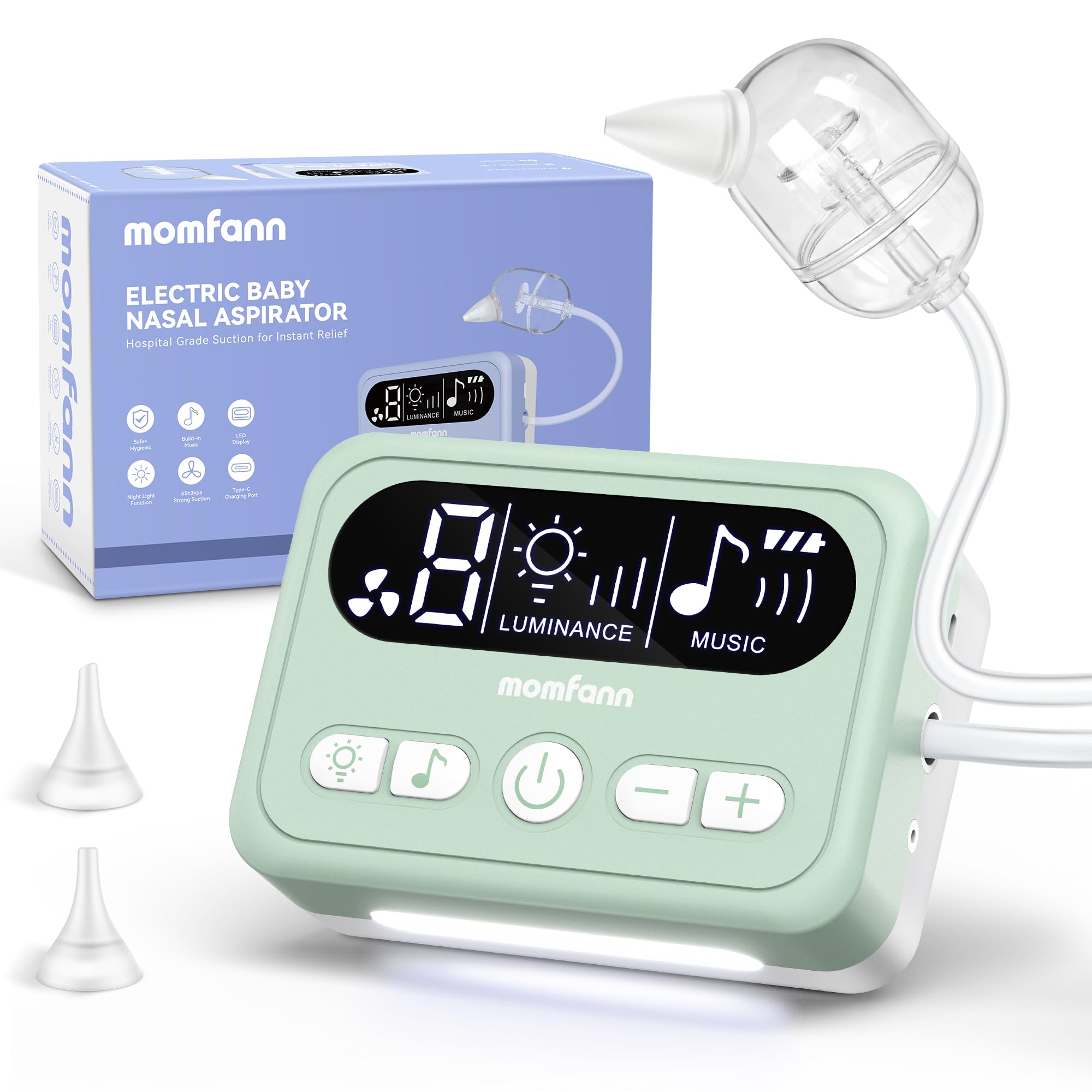 MOMFANNNasal Aspirator for Baby, Electric Nasal Aspirator for Toddler, Premium 65 kPa Adjustable 9 Levels Suction Power Includes Night Light (Green, Standard)