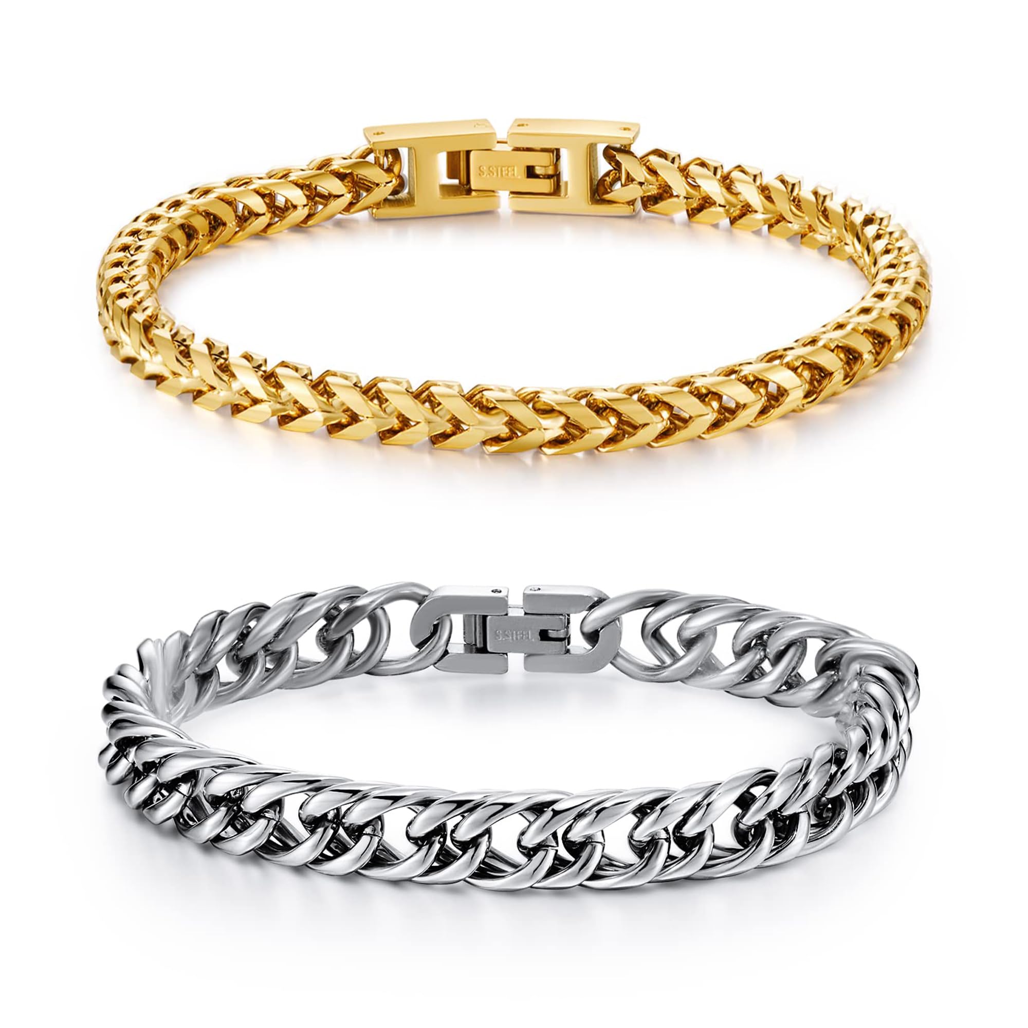 LUCKY2+72PCS Stainless Steel Bracelets for Men: Featuring Fold Over Clasp Franco Chain & Premium Design - Perfect Gifts for Dad, Grandpa, Boyfriend, Husband