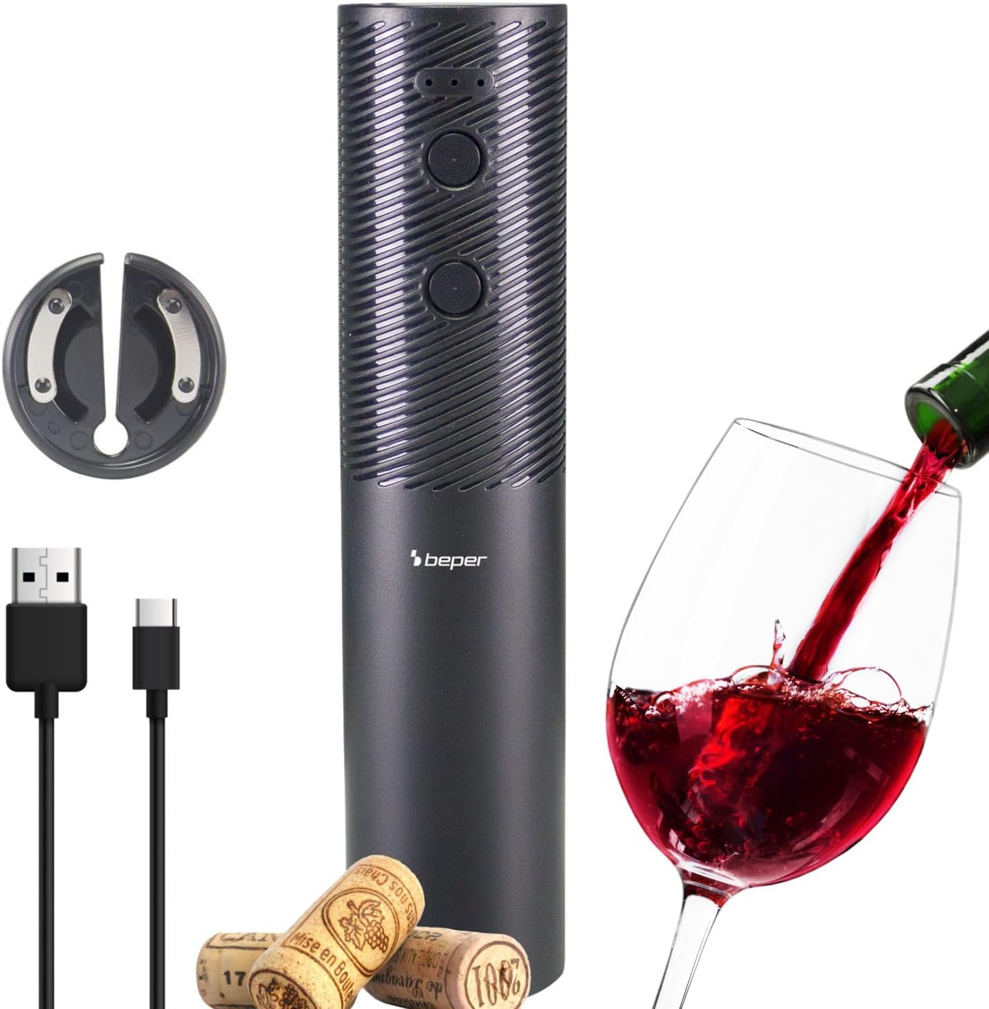 BEPER P102ACP103 USB Rechargeable Electric Corkscrew, Wine Bottle Opener, with Foil Cutter, for Corks and Synthetic Corks