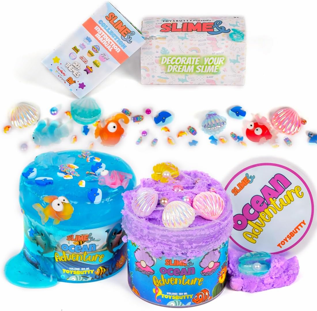 FINOCLAY 2 Pack Clear & Cloud Slime Kit for Kids, Create with Fun Ocean Theme, Premade Scented Slime Making kit,8 Cute Accessories, 2 Big Charms Putty Set Sensory Play for Boys & Girls Ages 5-12+