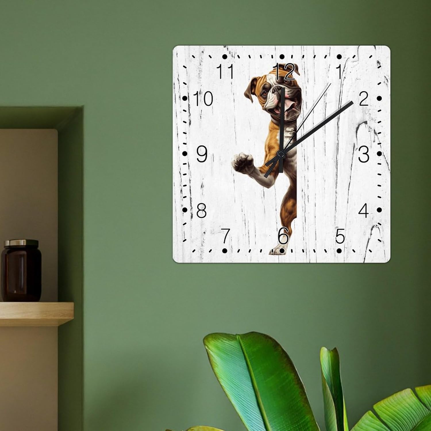 Bulldog Wall Clocks Bulldog Dog Peeking ASquare Corner Hanging Wall Clock Pet Memorial Square Wall Clocks Non-Ticking Silent Wall Clock for Home Living Room 15x15in