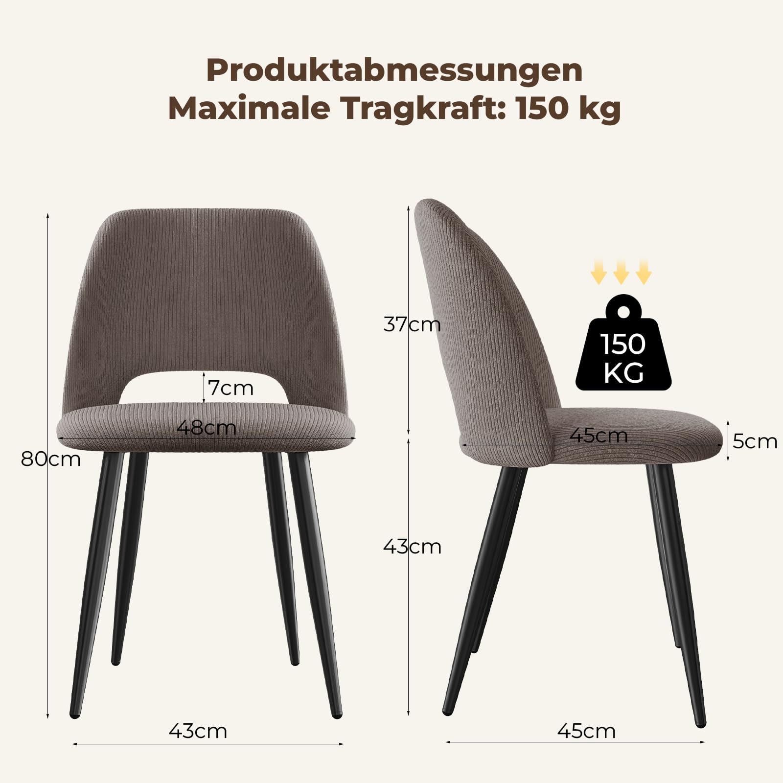 4er Set Esszimmerstühle aus Cord,Stuhlbeine aus Metall,Braun Stuhl | Tragkraft 150 kg,Gepolsterter Stuhl mit durchbrochenem Design,Moderne Restaurantstühle, Küchenstühle, Wohnzimmerstühle