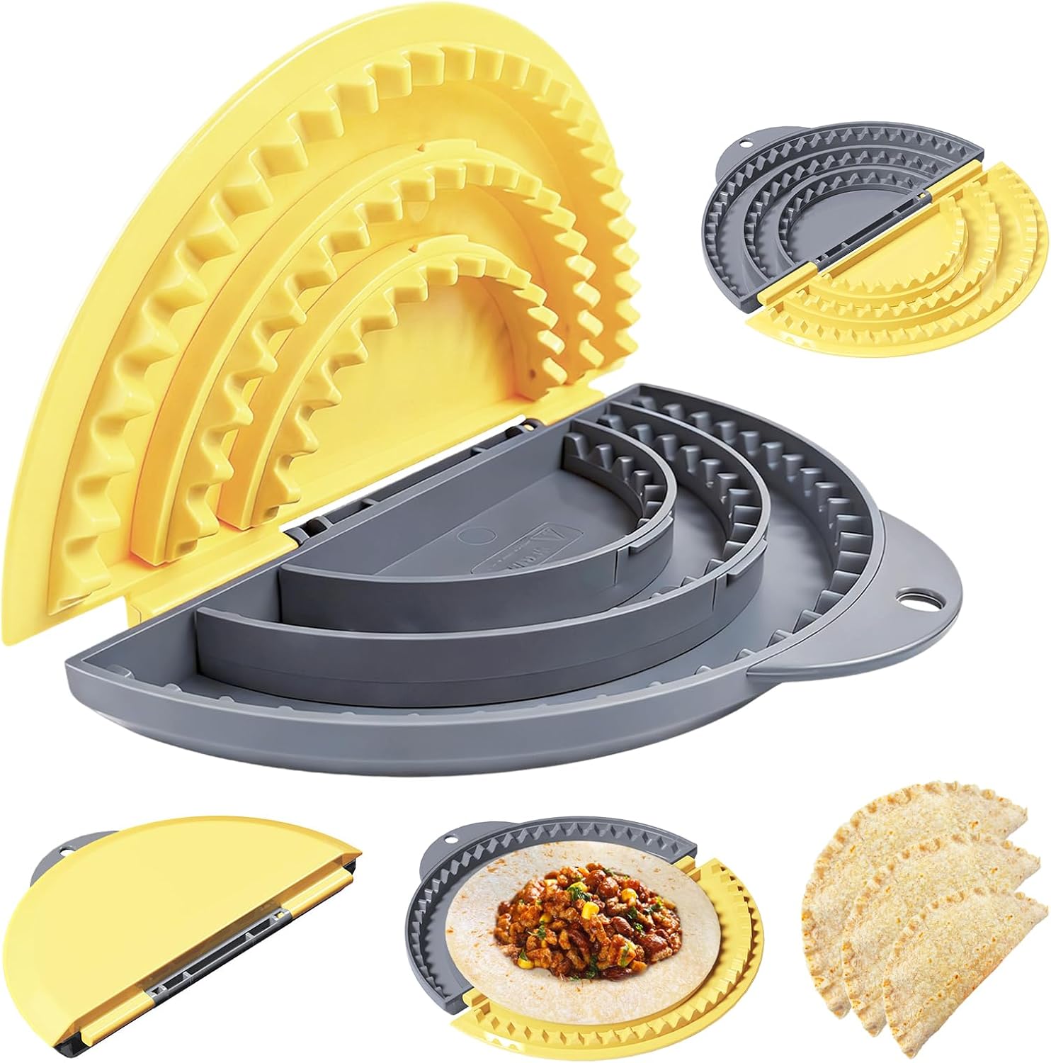 Tortilla Sealer,SELERS,Tortilla Crimper Maker,Quesadilla Crimper Removable & Adjustable 4"- 10" /6"- 12",for 4''-12'' Wraps,Tacos,Burritos,Pasties,Tortilla,Dumplings,Sandwich,Grey Yellow (6"+8"+10")
