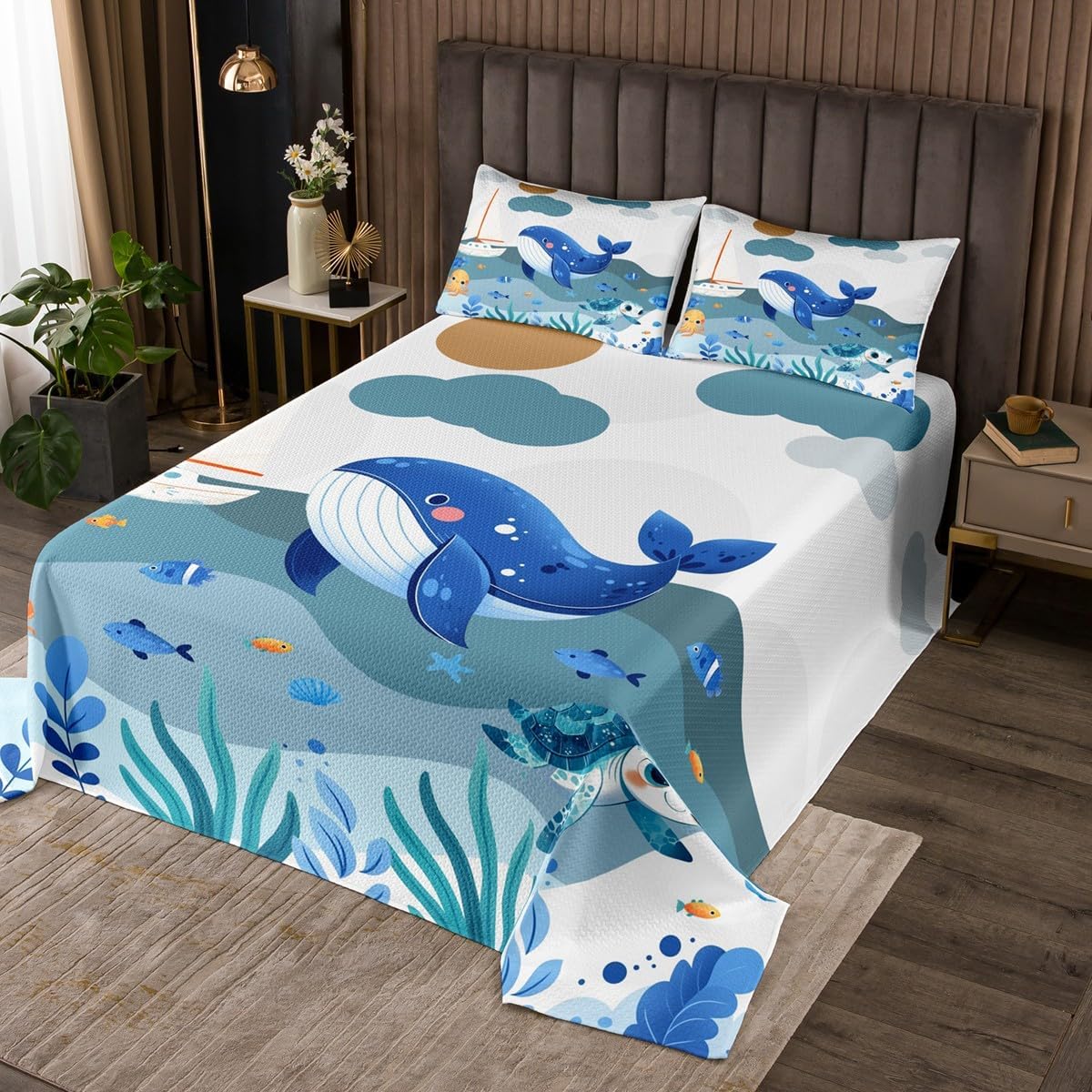 Homewish Cute Black Girl Mermaid Bedspread King Size,Watercolor Coral Jellyfish Bedding Set 3Pcs for Kids Girls Teens Room Decor,African Black Girls Comforter Set Colorful Sea Life Coverlet Quilt