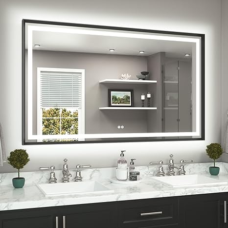 TETOTE 60 x 36 Large Bathroom Mirror Brushed Black Metal Frame Frontlit & Backlit Vanity Mirror 3 Colors White/Warm/Natural Stepless Dimmable Anti-Fog Bathroom Mirrors for Vanity Wall-Mounted