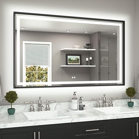 TETOTE 60 x 36 Large Bathroom Mirror Brushed Black Metal Frame Frontlit & Backlit Vanity Mirror 3 Colors White/Warm/Natural Stepless Dimmable Anti-Fog Bathroom Mirrors for Vanity Wall-Mounted