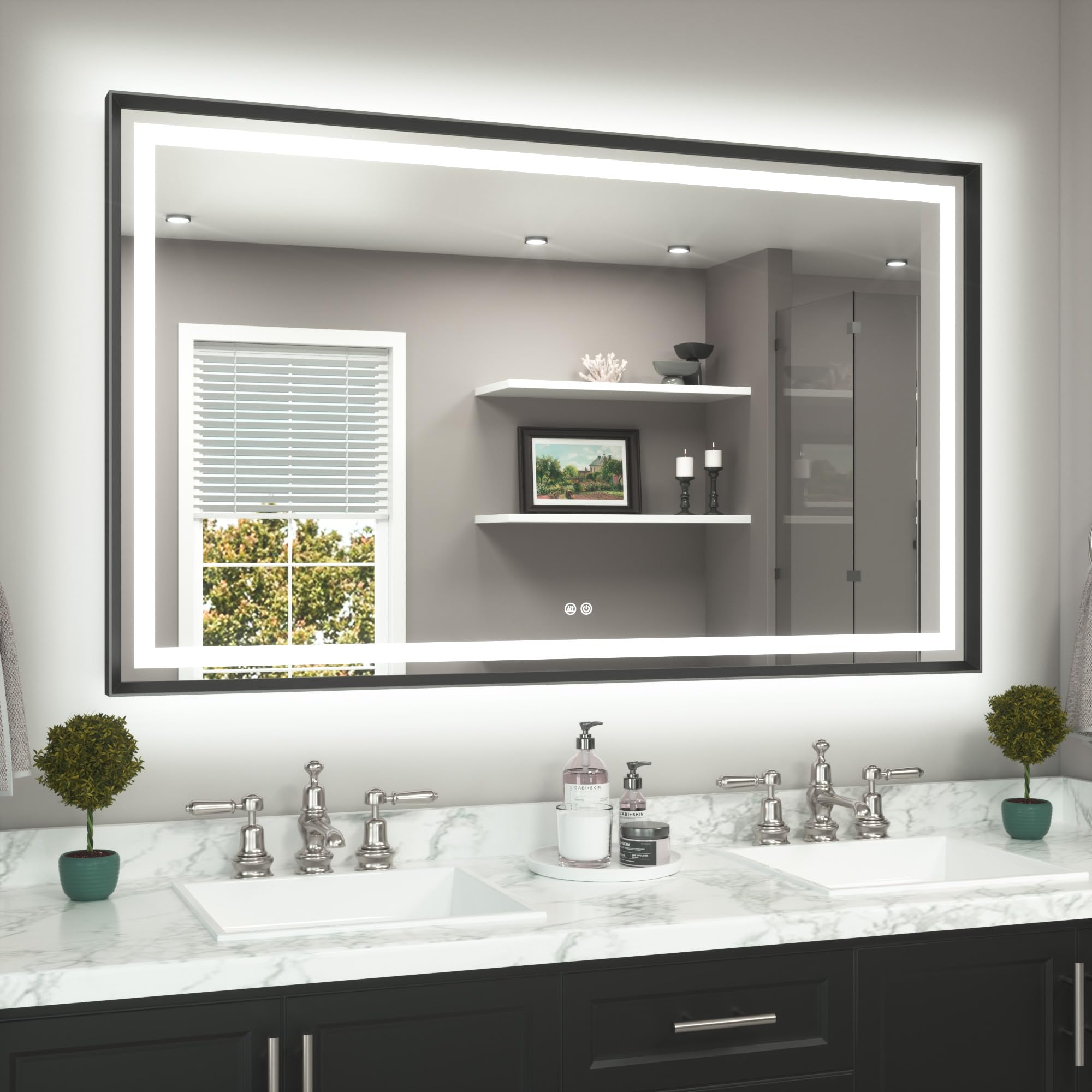 TETOTE 60 x 36 Large Bathroom Mirror Brushed Black Metal Frame Frontlit &amp; Backlit Vanity Mirror 3 Colors White/Warm/Natural Stepless Dimmable Anti-Fog Bathroom Mirrors for Vanity Wall-Mounted