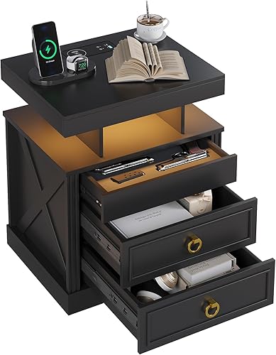 Miniatura 14 de Juego de 2 mesitas de noche con cajón para pistola para sala de estar, moderna mesita de noche con estación de carga inalámbrica para dormitorio 2