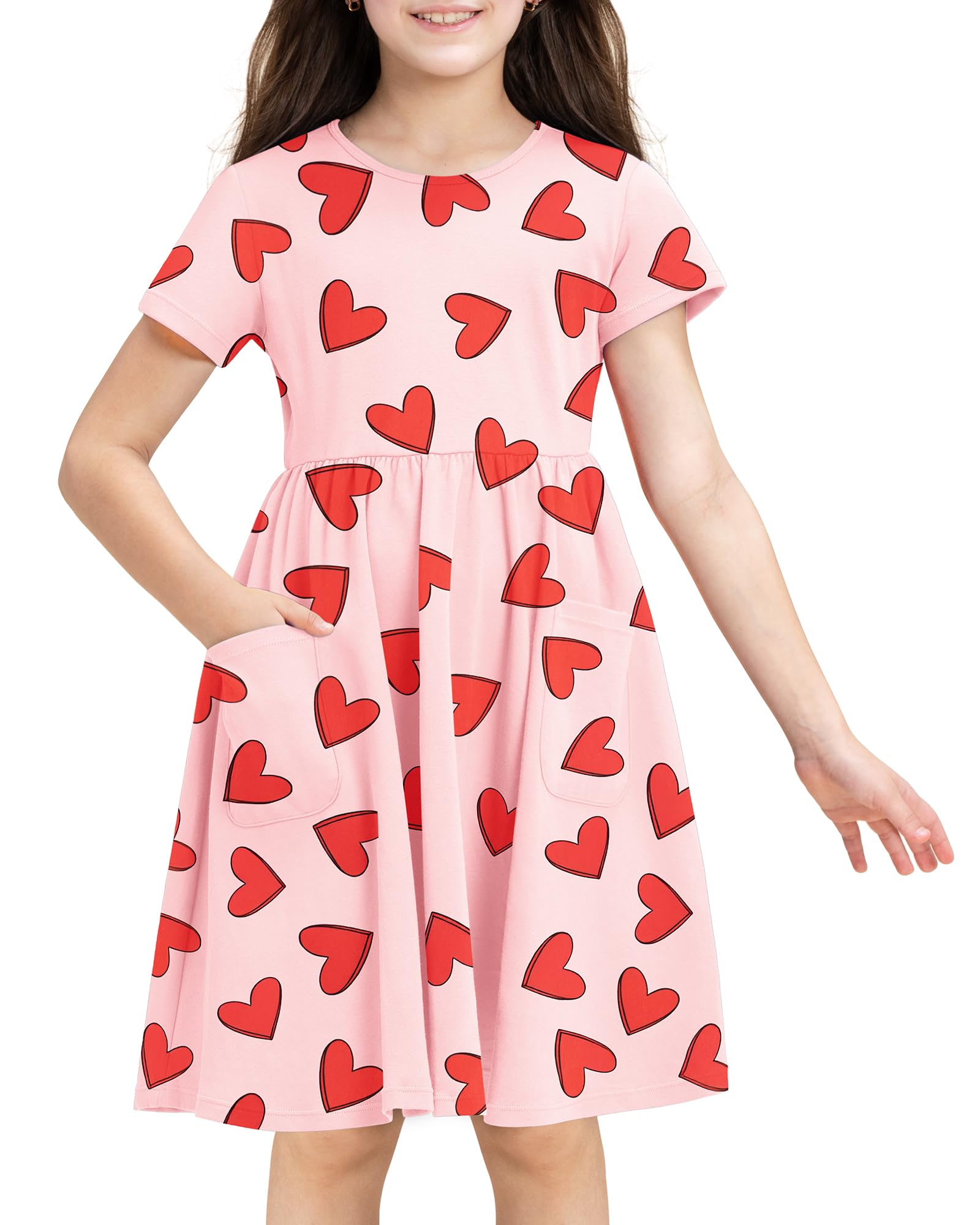 Stelle Girls Short Sleeve Dress Summer Kids Toddler Skater Twirl A Line Solid Color T-Shirt Dress for School