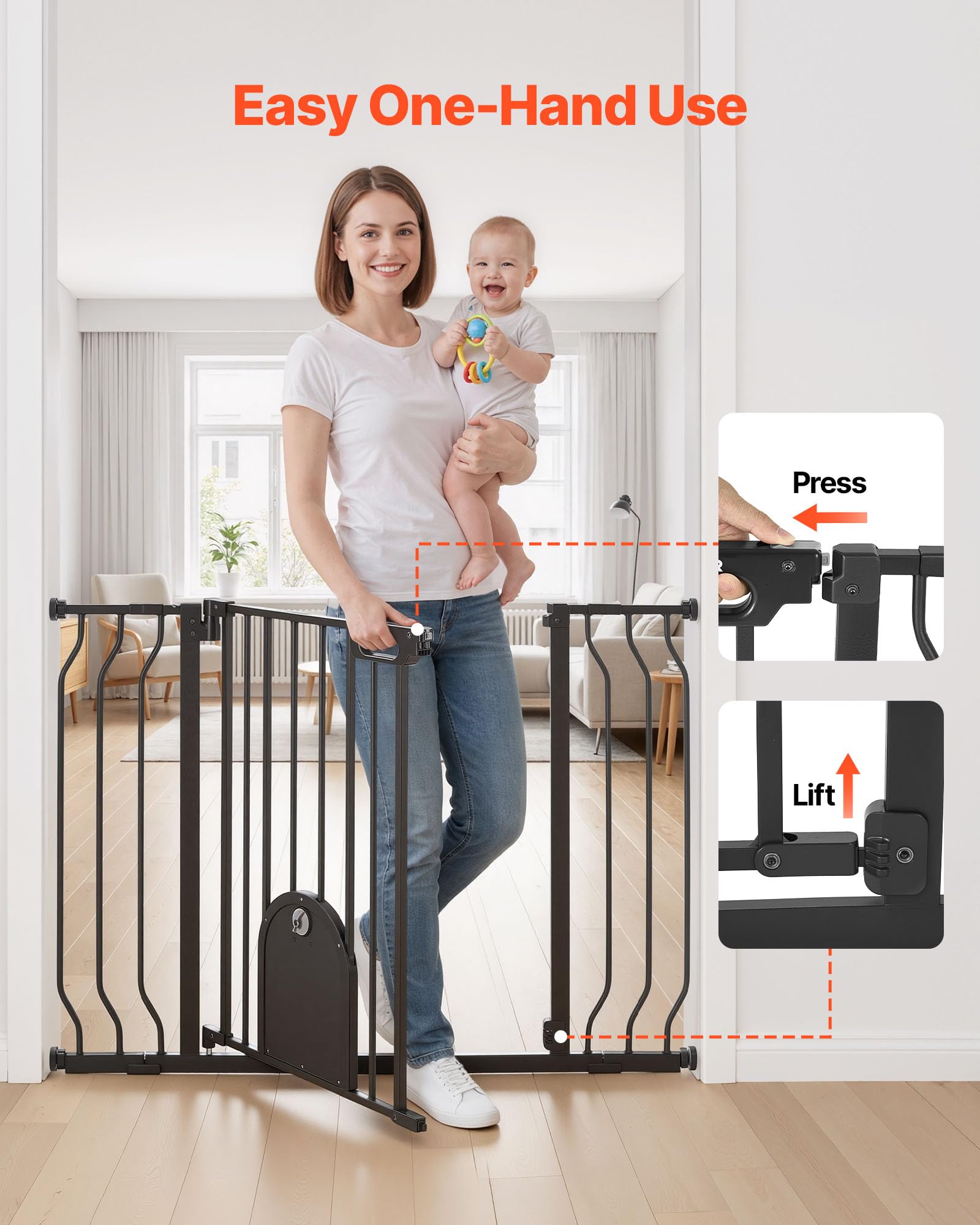 VEVOR Barrera de Seguridad para Niños, 76 cm x 75-111 cm, Valla de Seguridad Infantil con Puerta Ajustable para Gatos, Bloque Doble y Apertura en Dos Sentidos, para Escaleras Hogar, Color Negro