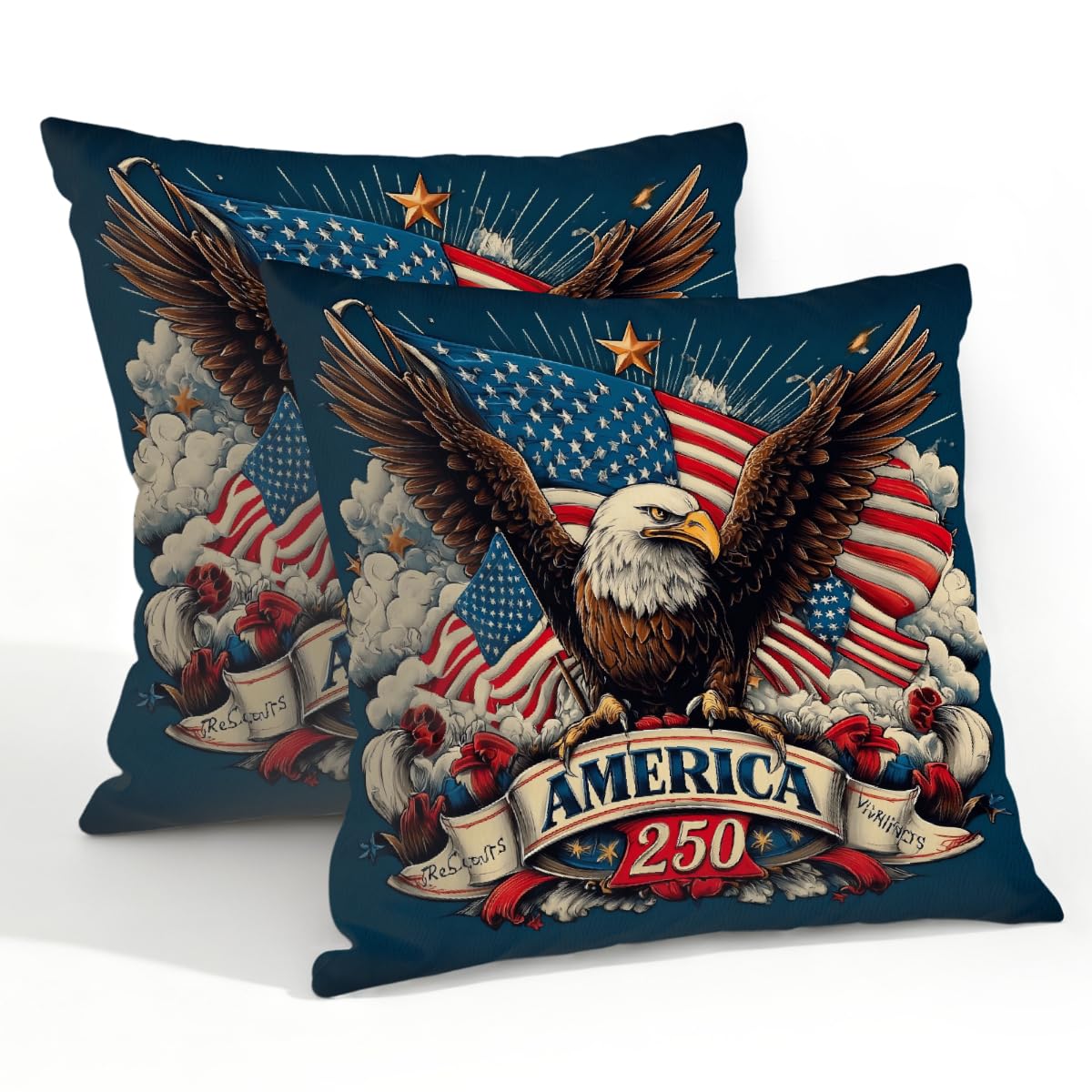Outdoor Pillow Covers Waterproof Pillowcases 22x22in Set of 2 Retro 250th America Flag Bald Eagle Decorative Throw Cushion Case for Couch Sofa Garden Patio Furniture