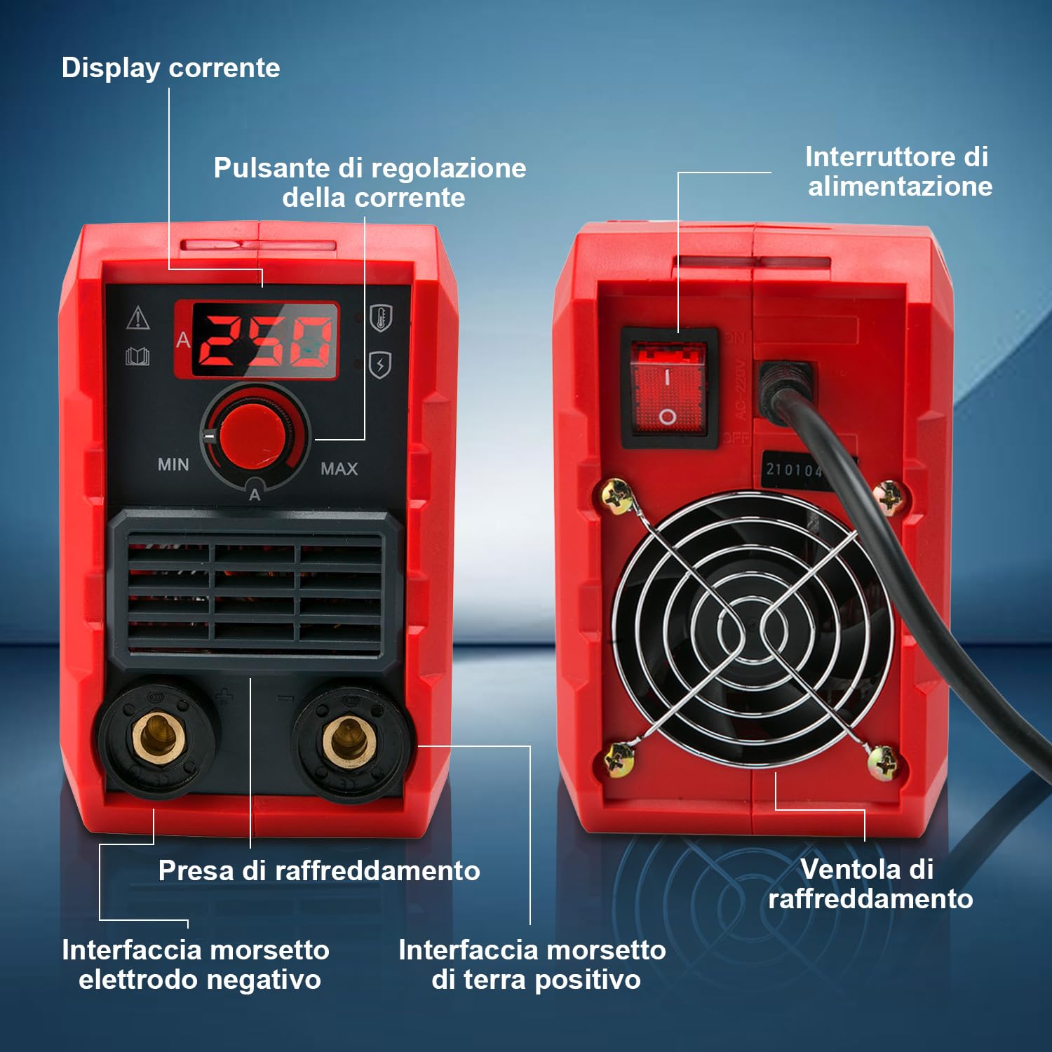 VOBOR Mini Saldatrice Inverter, 250A IGBT DC Saldatrice Elettrodo con Display LED, Antiaderente, Portatile Saldatura a Elettrodo, MMA 250