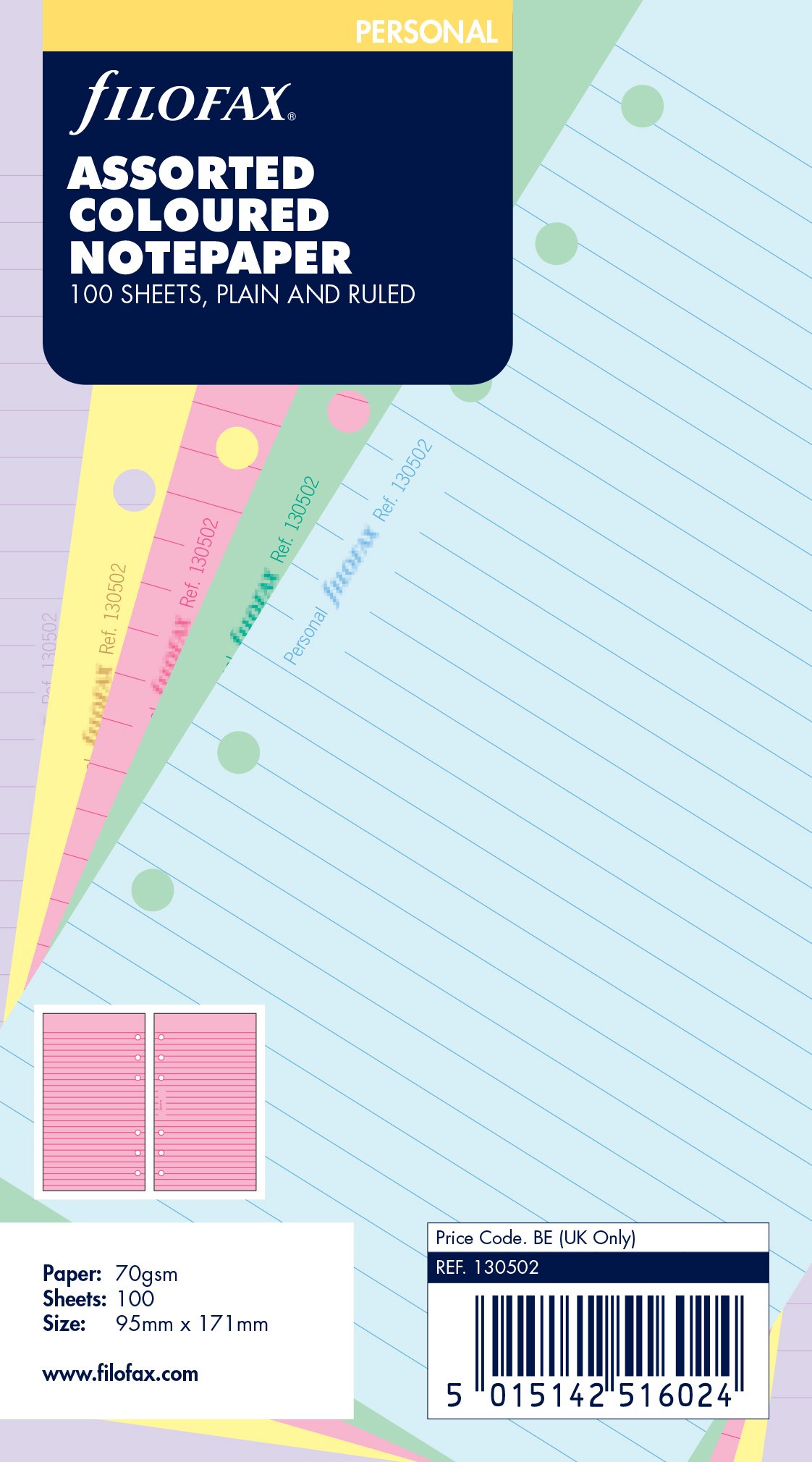 FilofaxPersonal Assorted Coloured Notepaper Plain and Ruled Value Pack