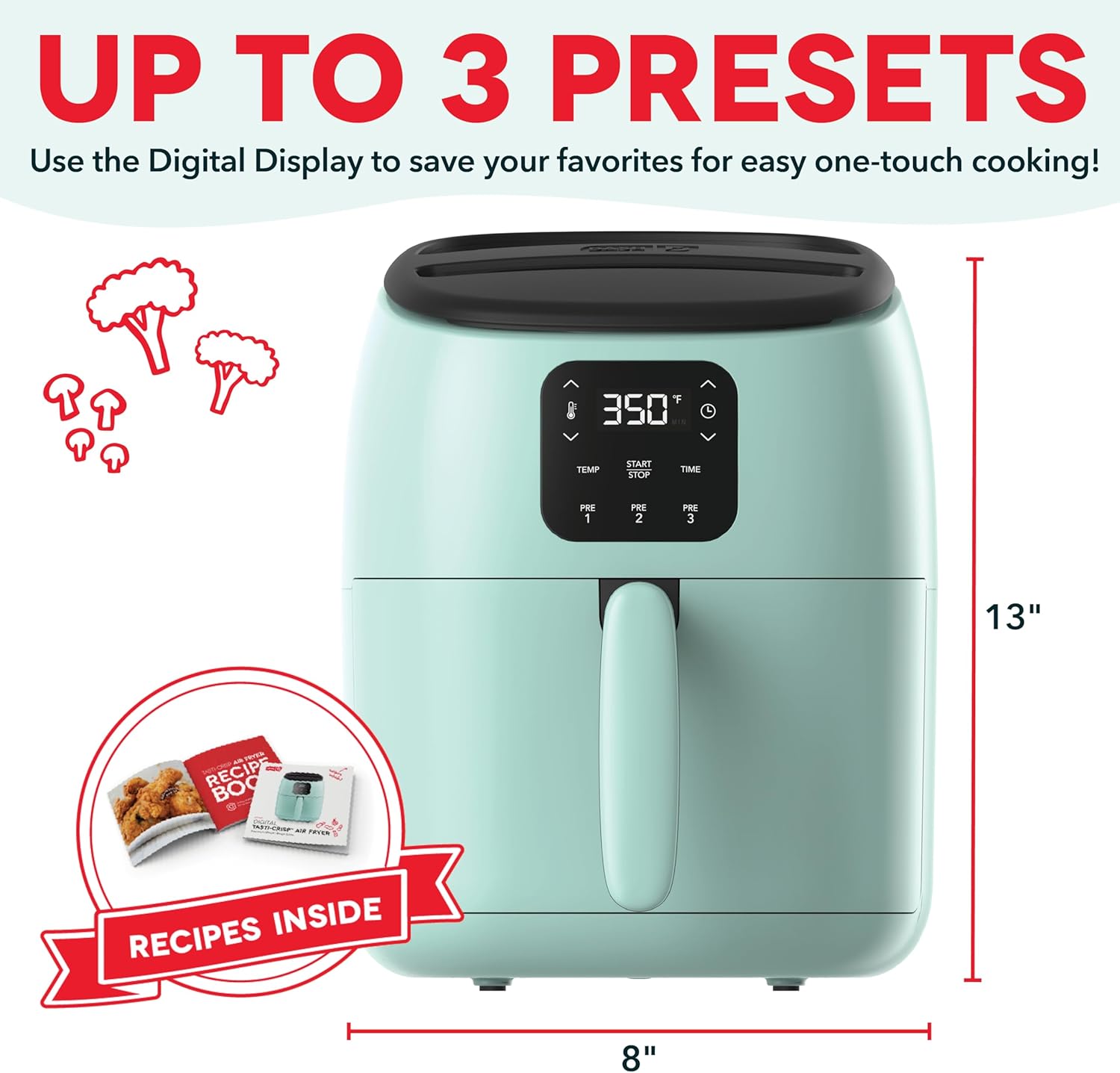 dash digital tasti-crisp™ air fryer - compact electric digital fryer with auto shut-off feature - ideal for small spaces - aircrisp® technology - 2.6 quarts - aqua aqua nonstick