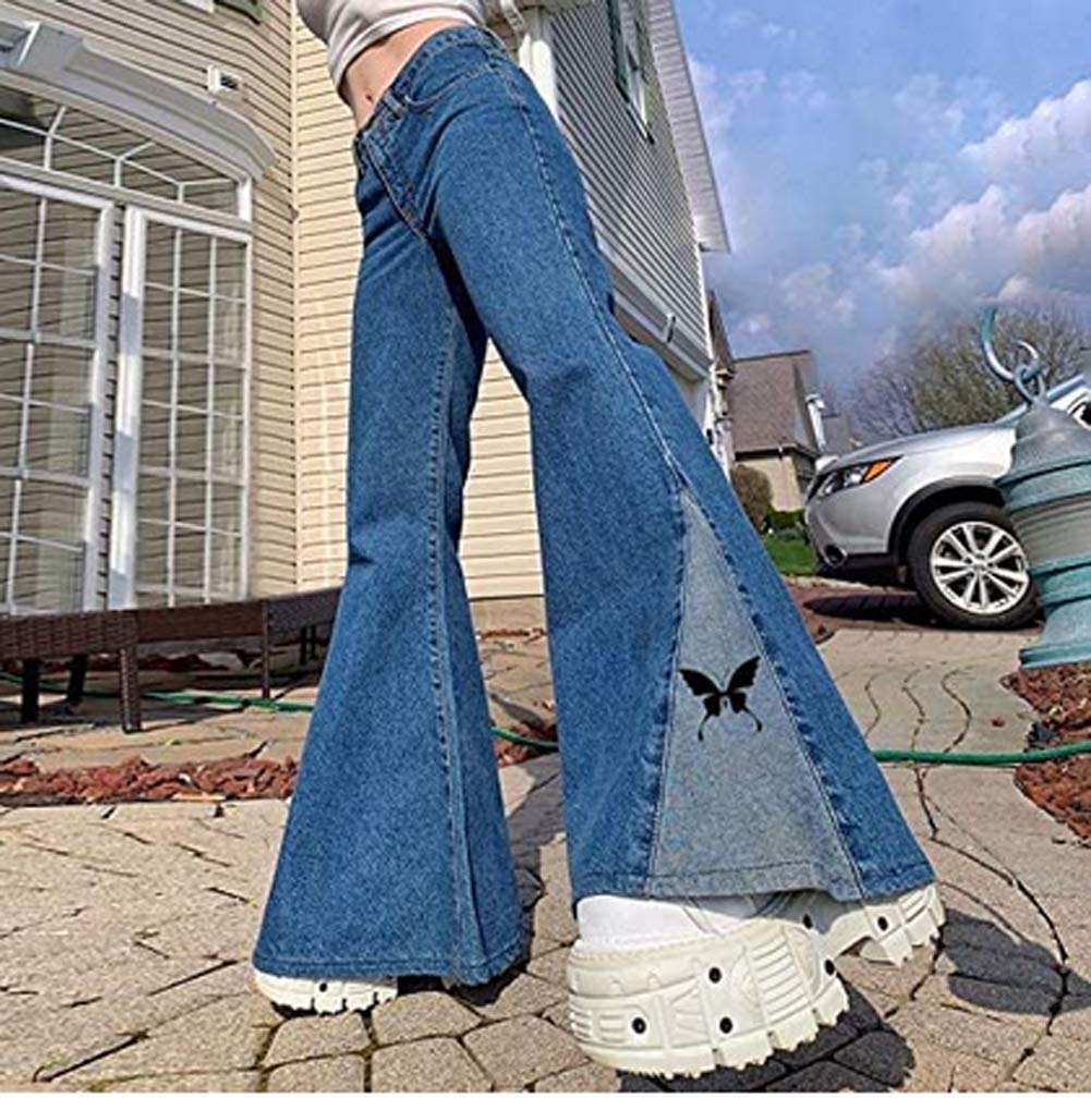 Las mujeres Vintage Jeans De Cintura Alta Denim Rectos Pantalones Niñas Y2K Patchwork Baggy Suelto Slim Elástica Larga Campana Jeans